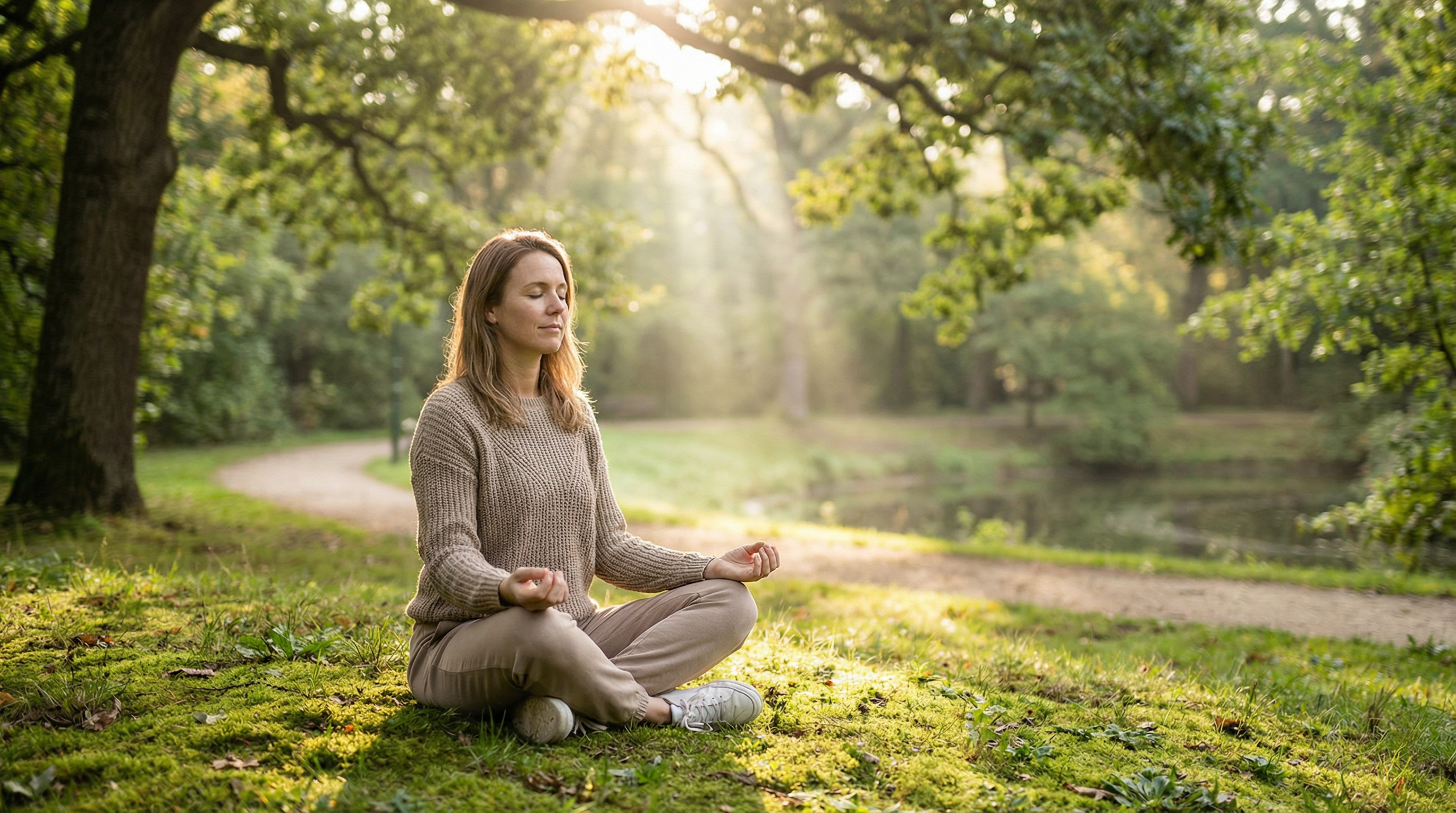 Женщина медитирует в парке