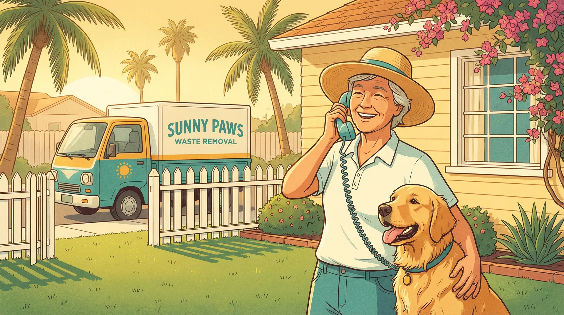 Homeowner calling for a dog waste removal quote in a sunny San Diego backyard with their golden retriever