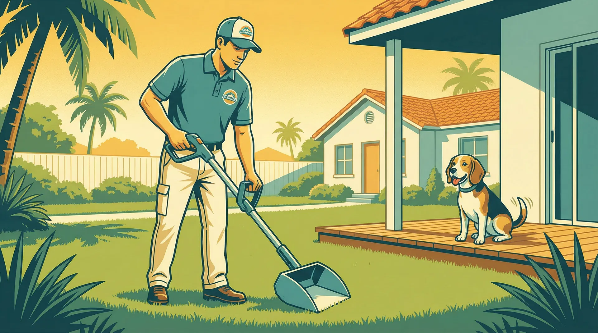 Professional dog waste removal technician cleaning a suburban San Diego backyard while a beagle watches