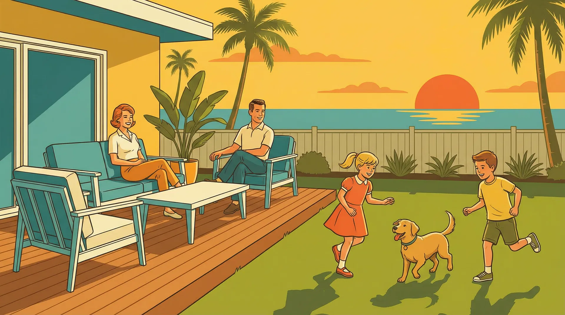 Happy family enjoying a clean backyard at sunset in San Diego with kids and dog playing on the grass