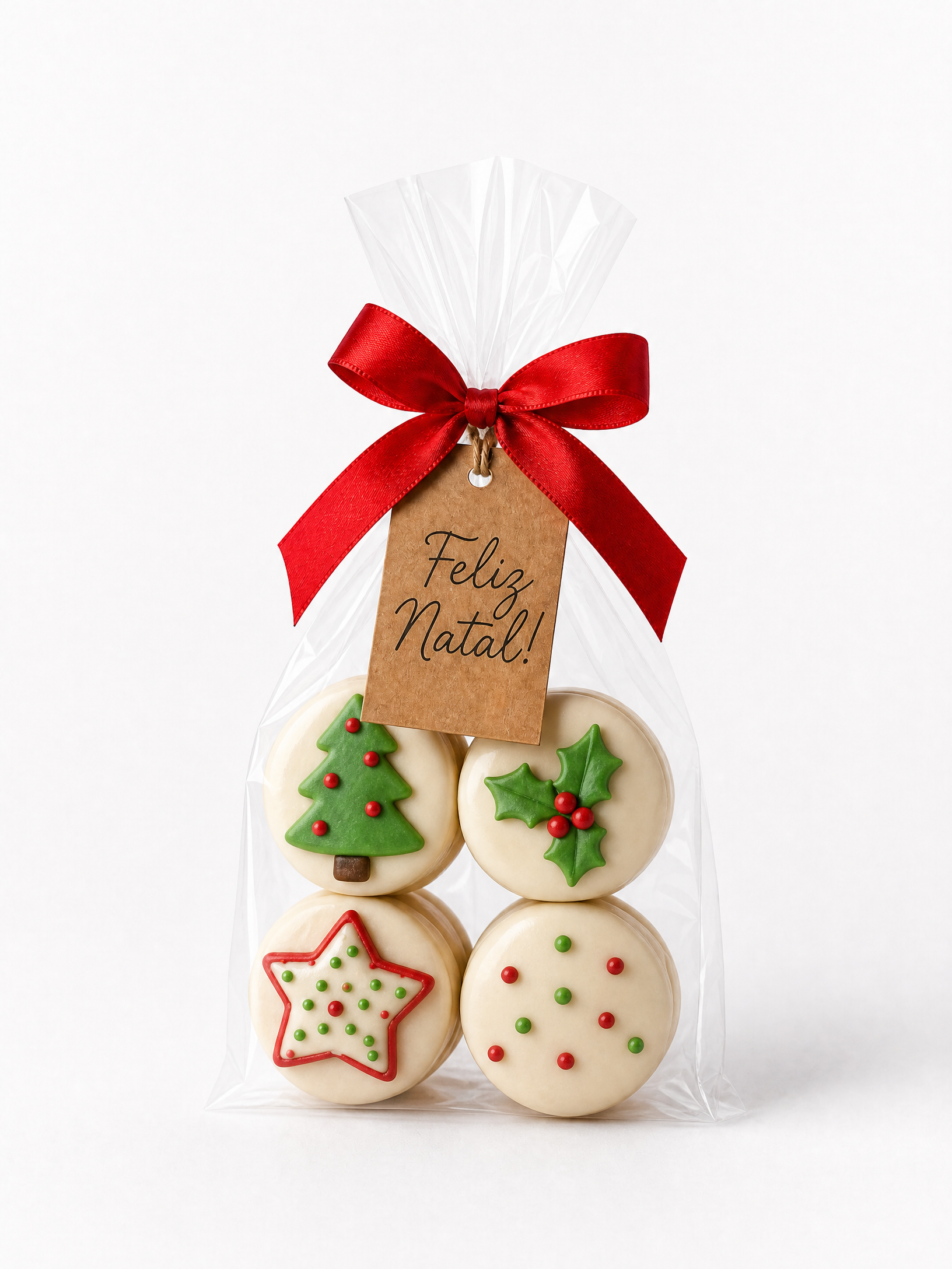 Sacolinha transparente com mini alfajores de Natal