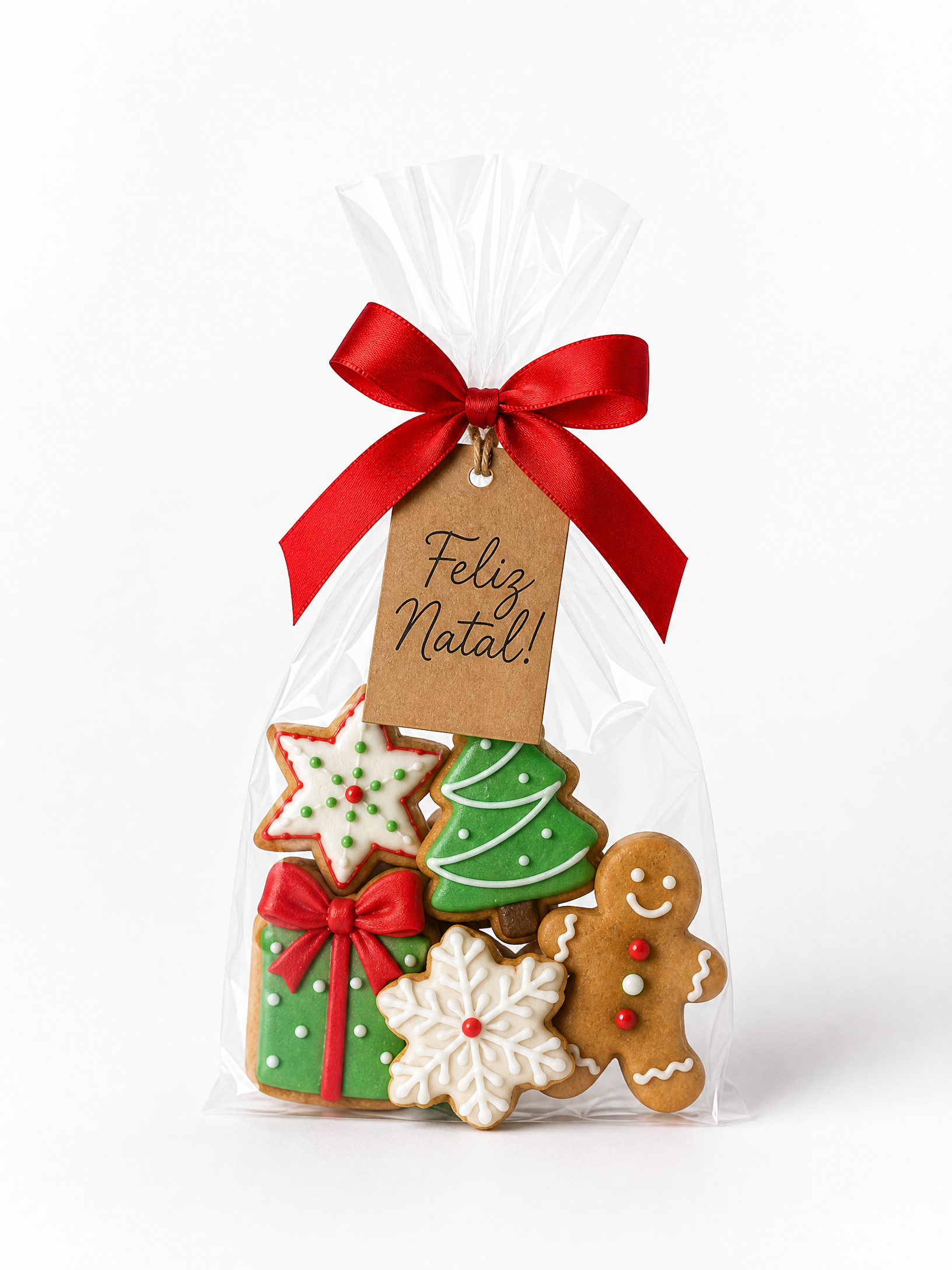 Sacolinha transparente com biscoitos decorados de Natal