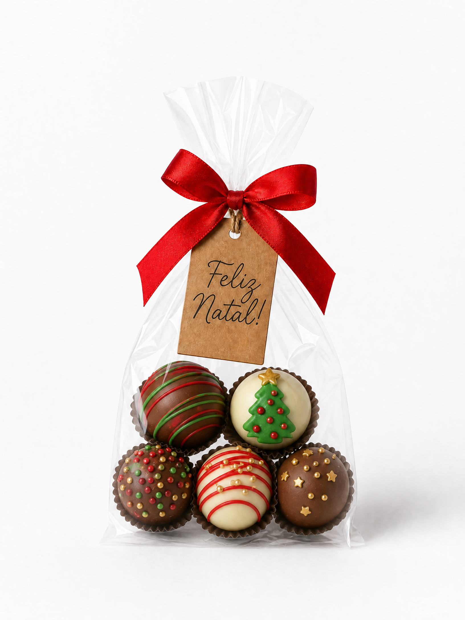 Sacolinha transparente com trufas decoradas de Natal