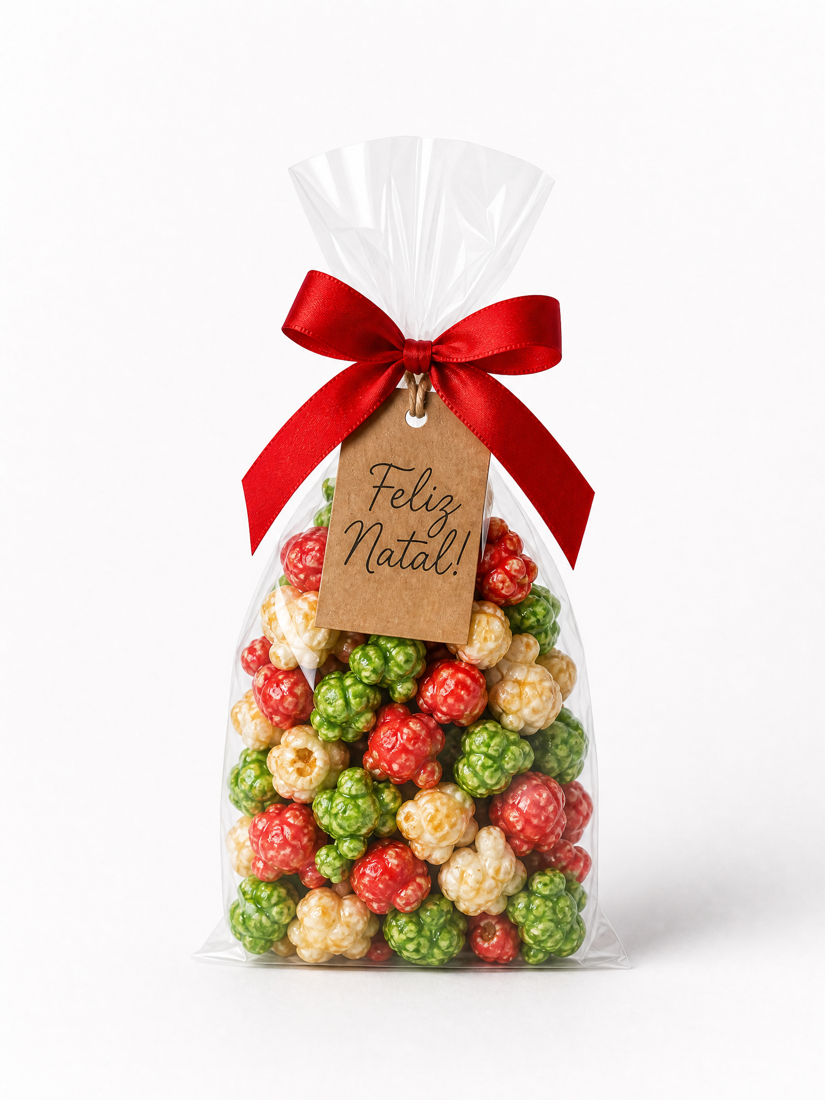 Sacolinha transparente com pipoca gourmet de Natal