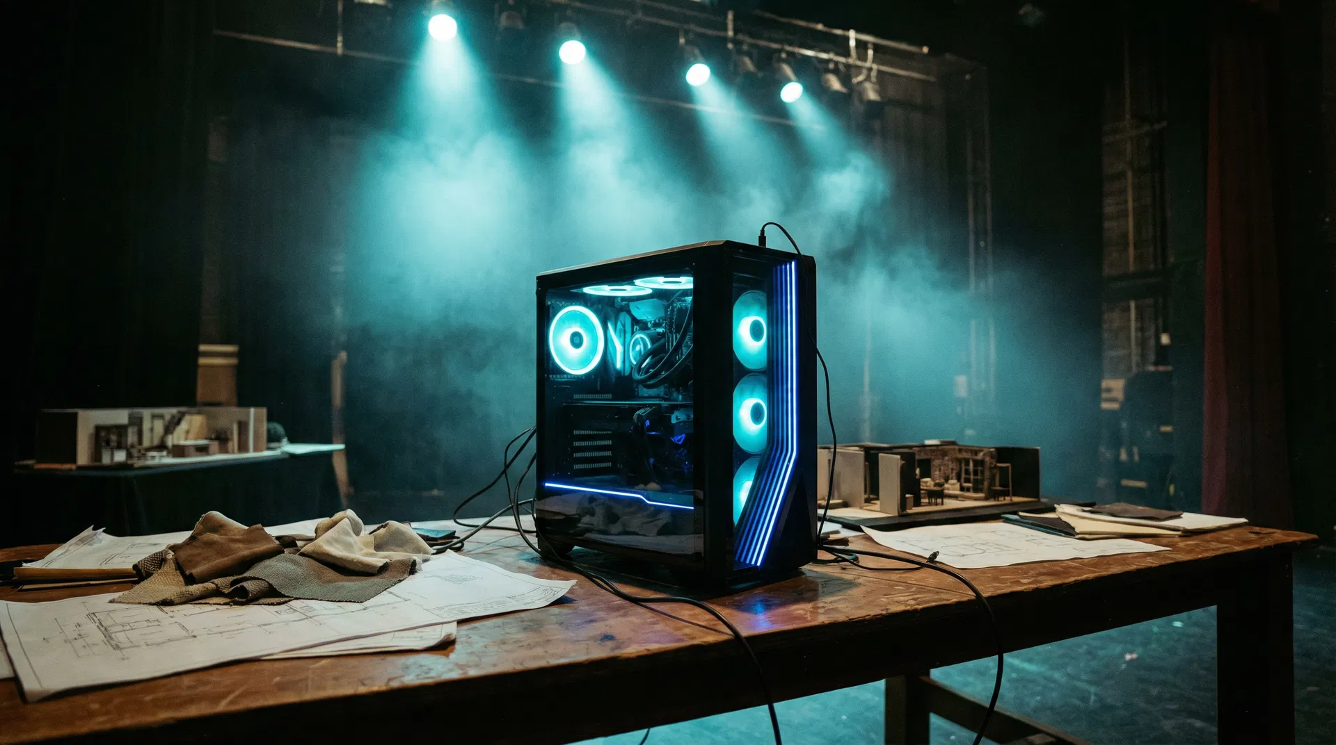 A scenic designer's workspace with powerful hardware ready for complex 3D modeling and rendering