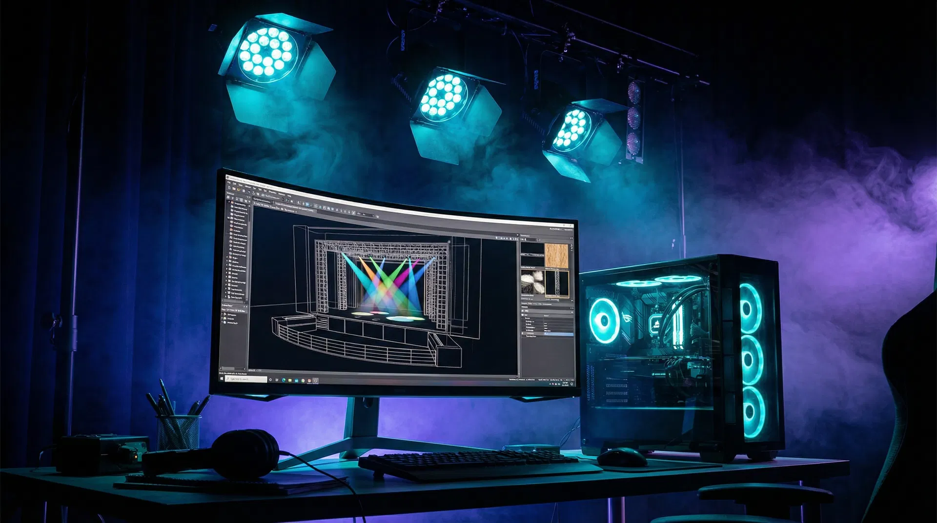 Real-time rendering of complex scenic designs requires powerful GPU and CPU coordination