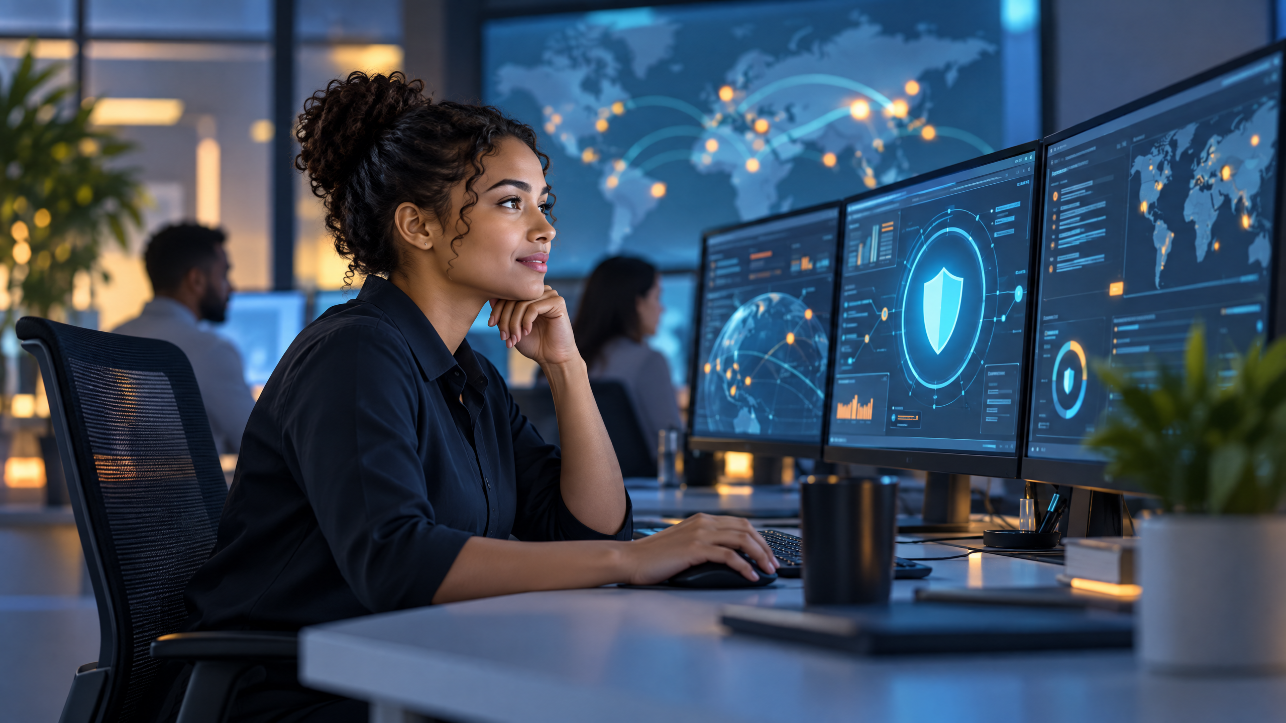 Illustration of a cybersecurity analyst monitoring abstract security signals