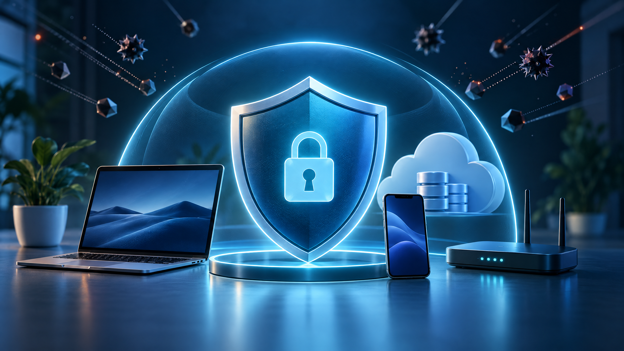 Illustration of a digital shield protecting a laptop, smartphone, router, and cloud data