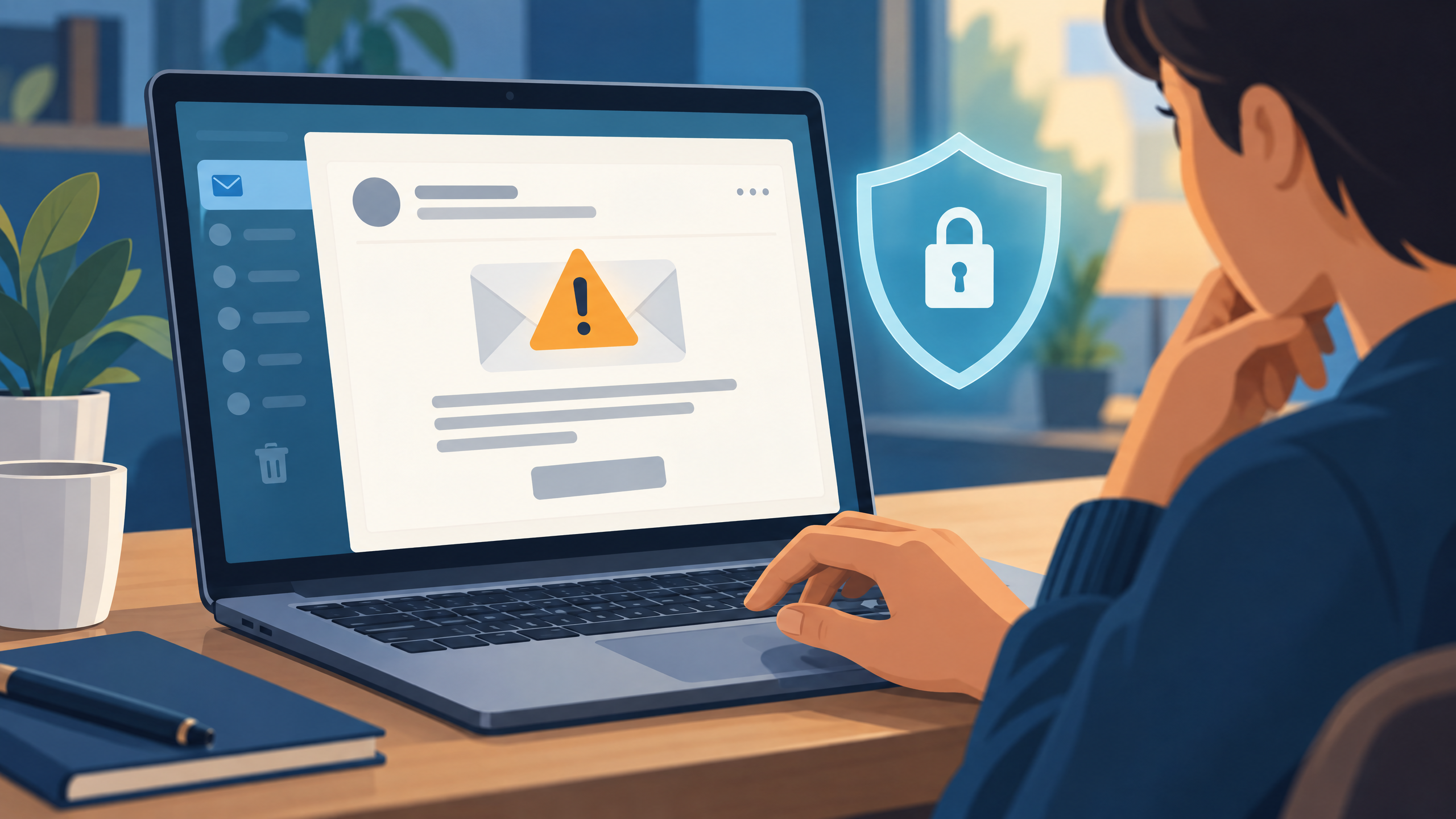 Illustration of someone pausing before opening a suspicious email on a laptop