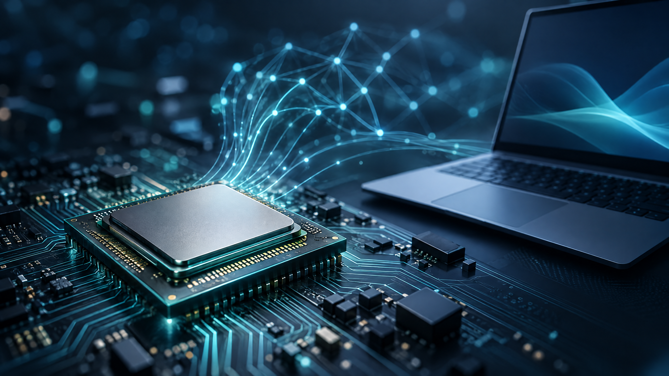 Conceptual illustration of a computer processor and neural-network pathways representing AI-PC rumors