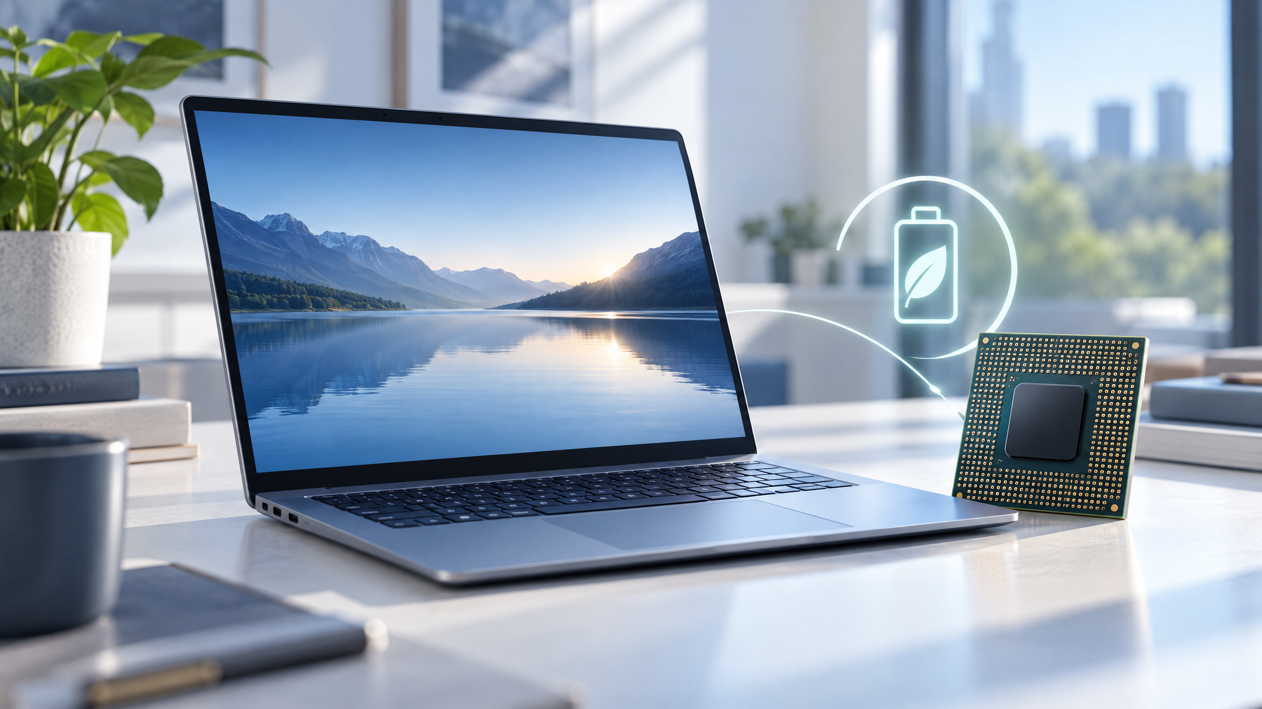 Conceptual illustration of a modern laptop and processor representing Windows on Arm and PC compatibility