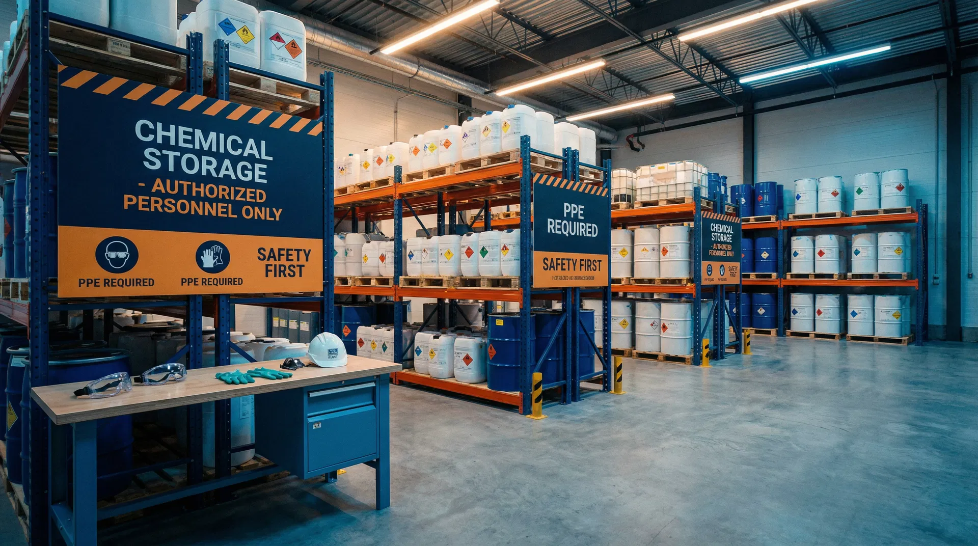 Modern chemical storage facility with WHMIS safety signage and proper hazardous material handling