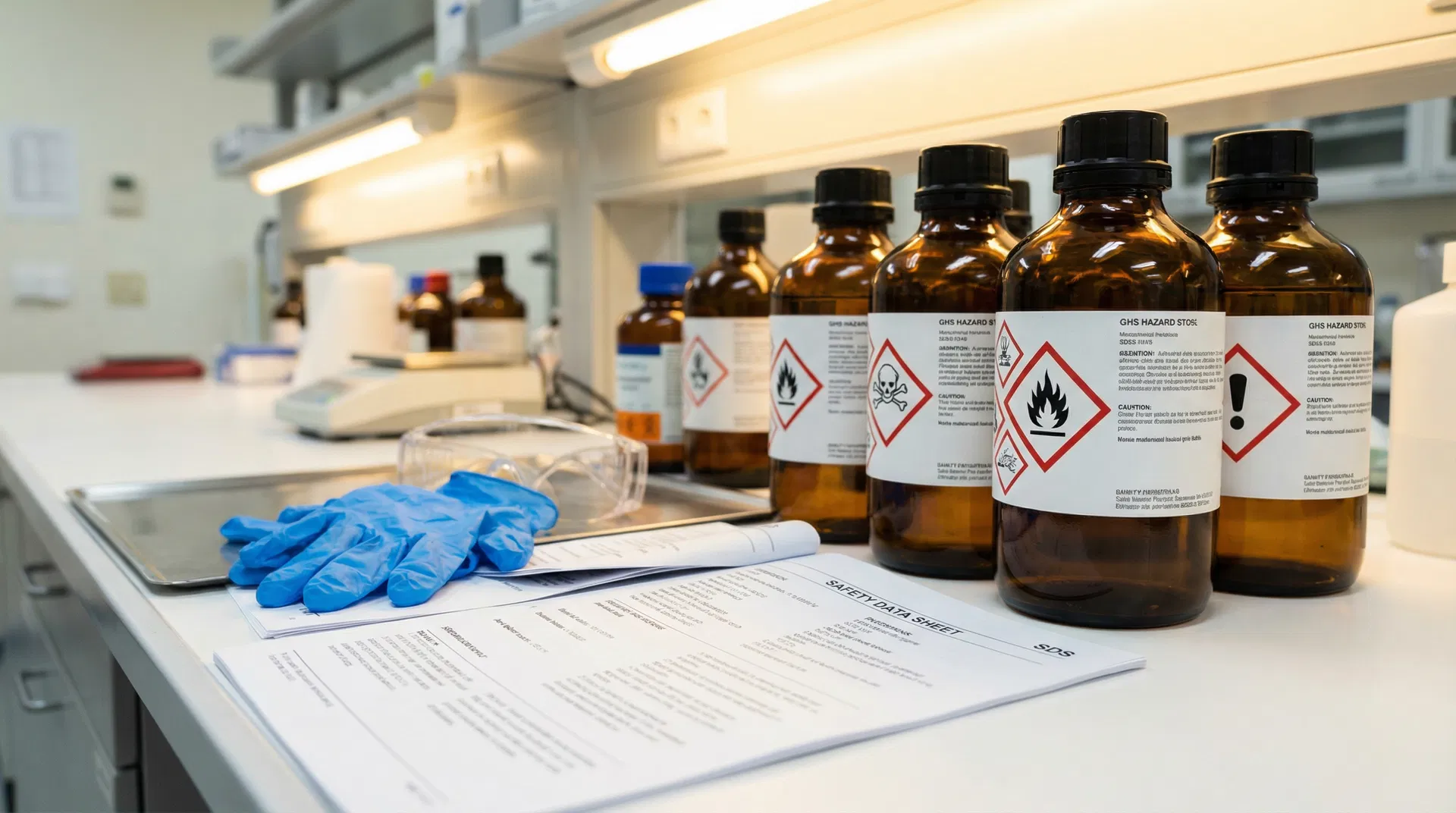 Laboratory chemical bottles with GHS hazard labels showing proper WHMIS labeling