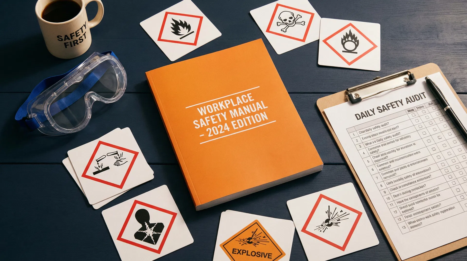 WHMIS training materials with hazard pictogram cards and safety manual on a desk