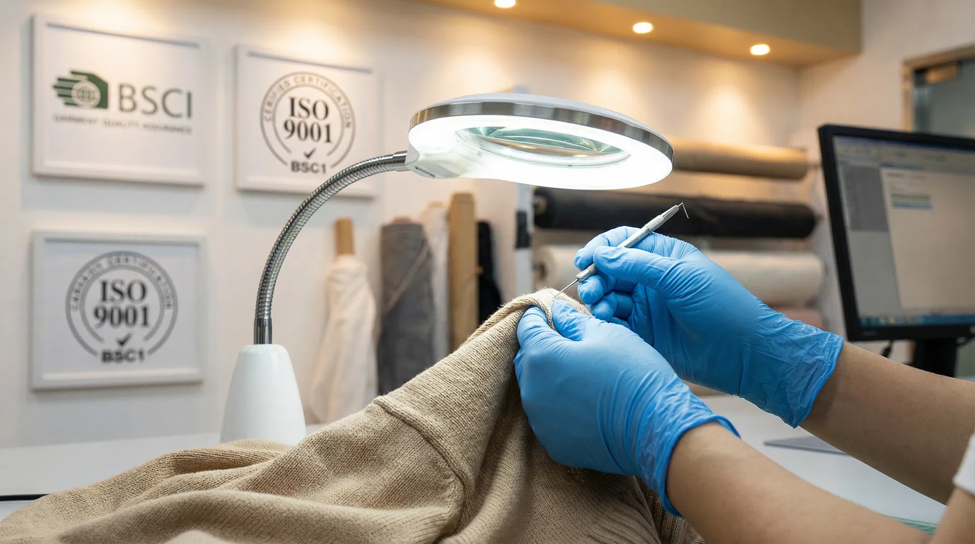 Quality control inspection at Tonglu Best Link — BSCI, GOTS, OCS and ISO 9001 certified manufacturing process