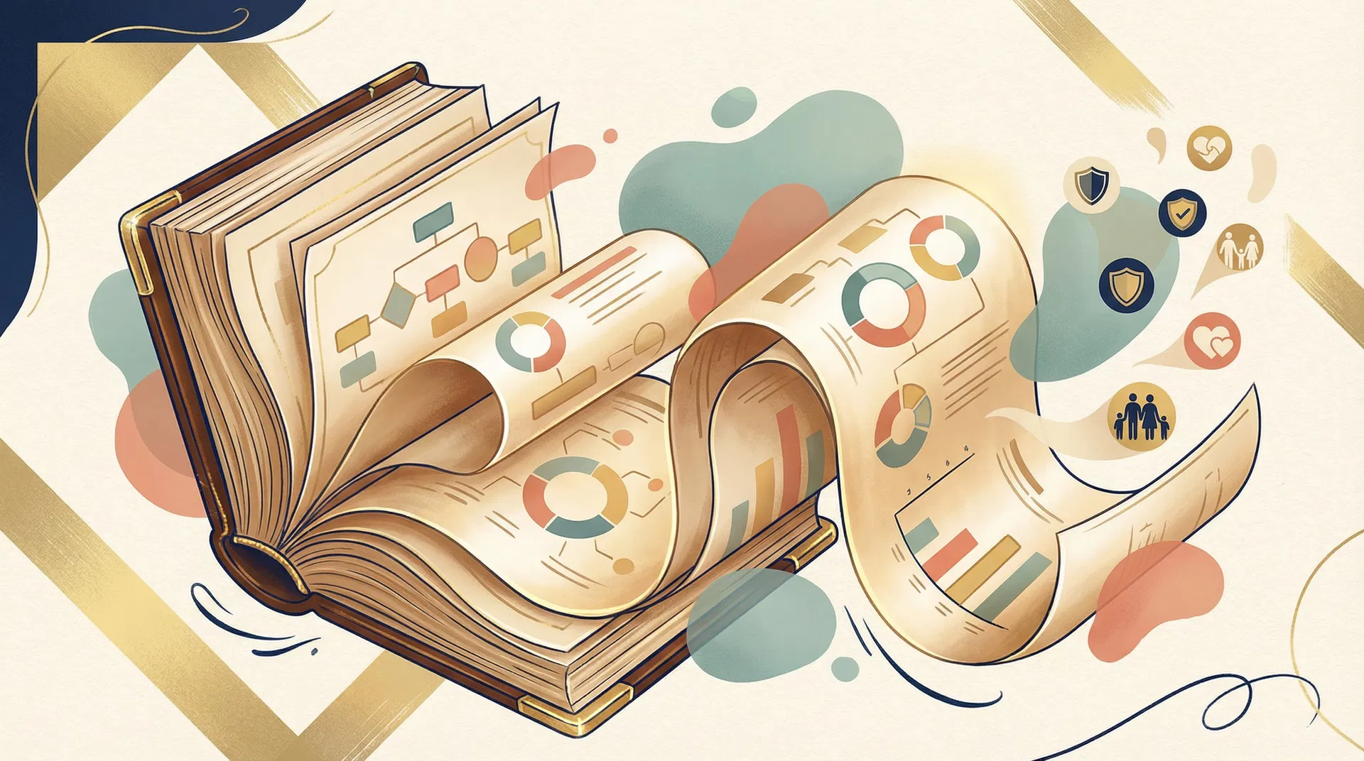 Open book with visual guides and charts about life insurance