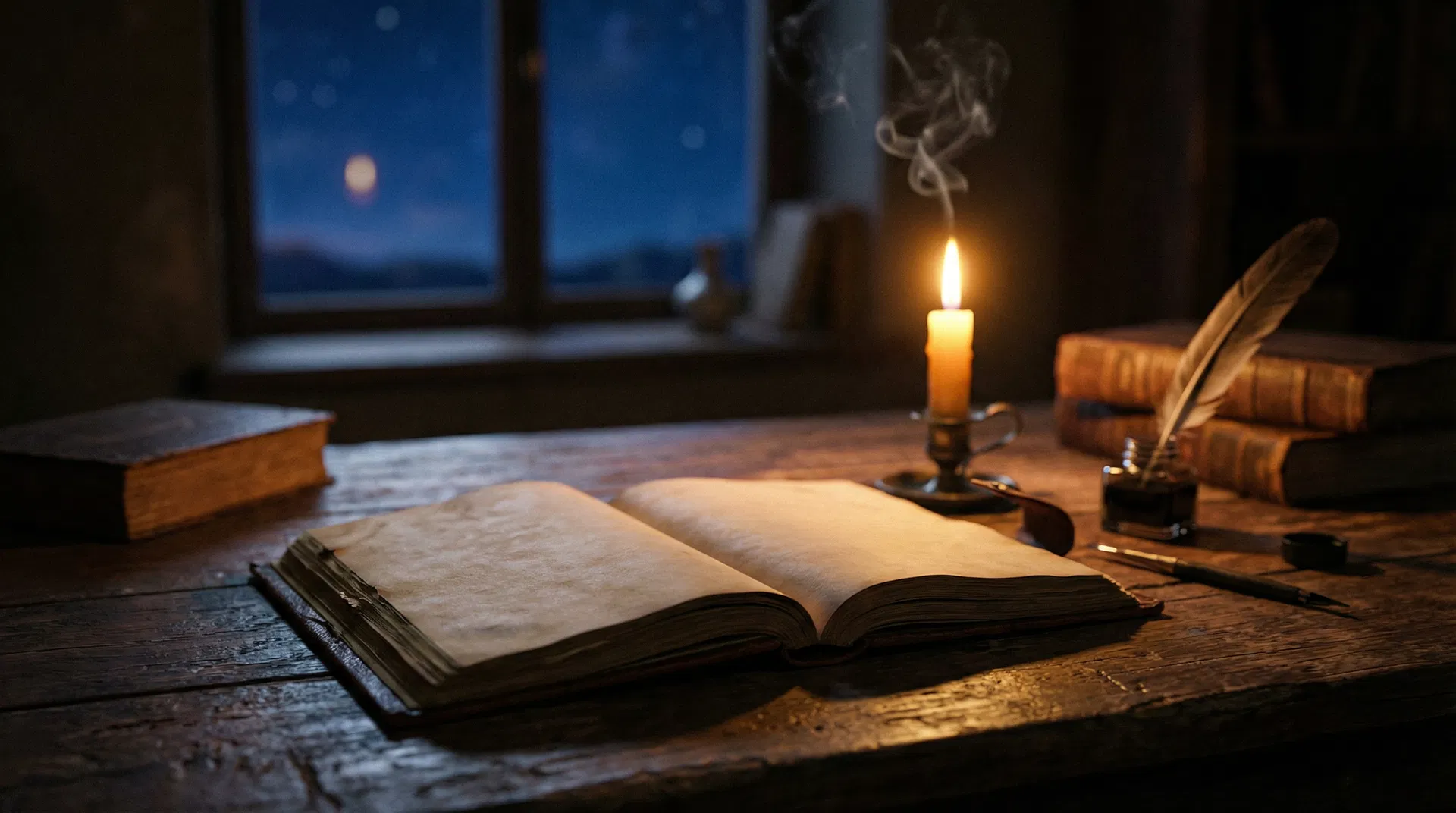 An open manuscript on a candlelit desk