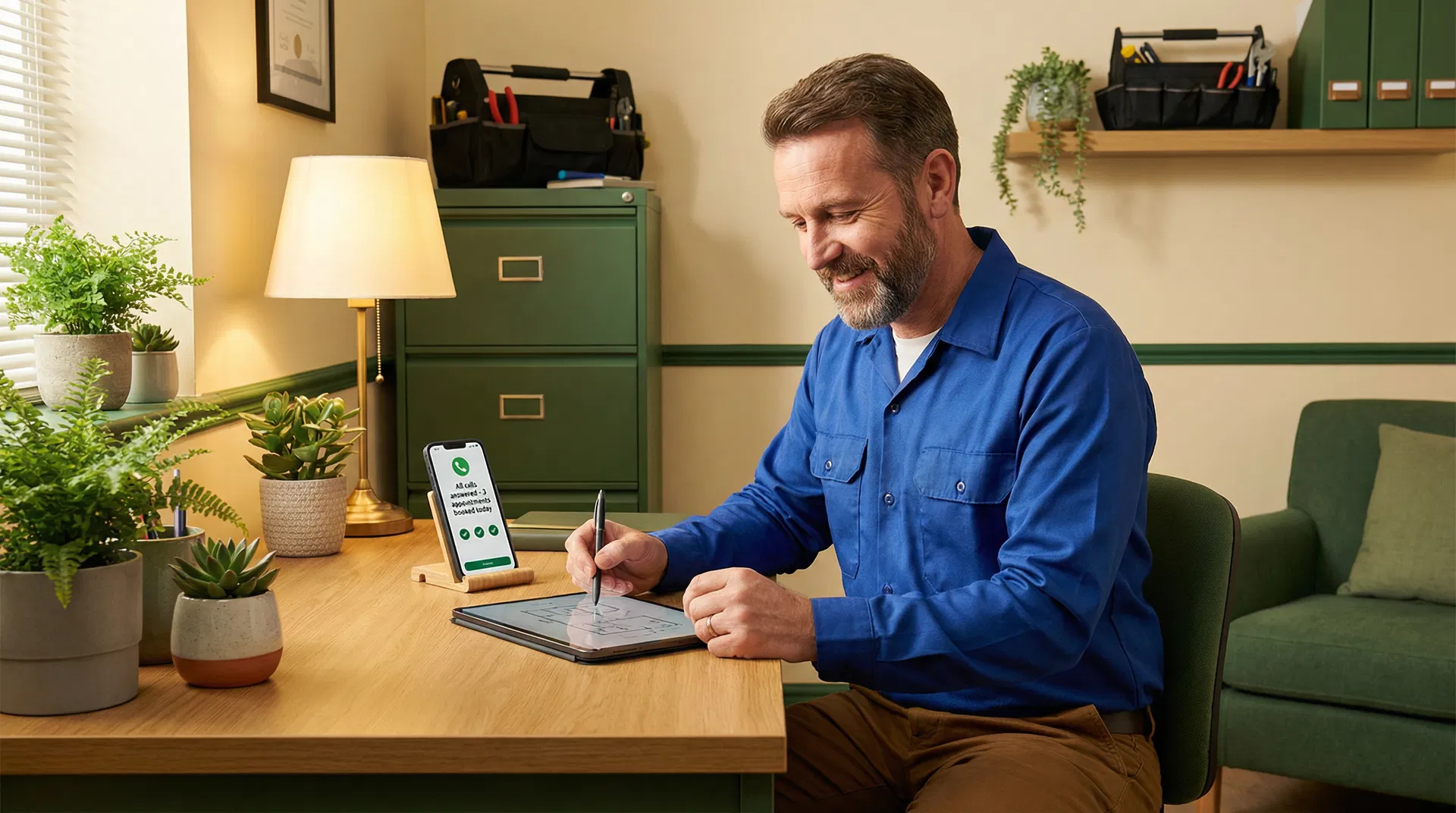 Happy business owner working confidently while AI handles calls