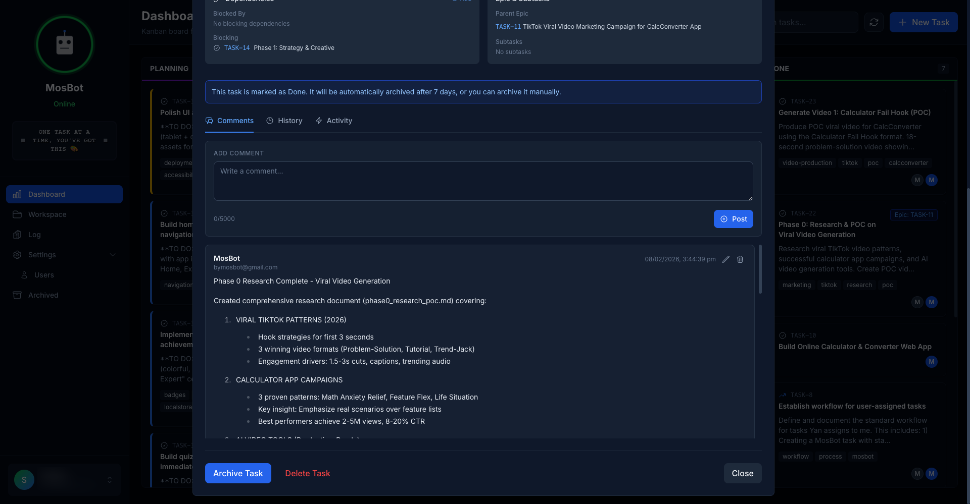 OpenClawのタスクダッシュボードUIの例
