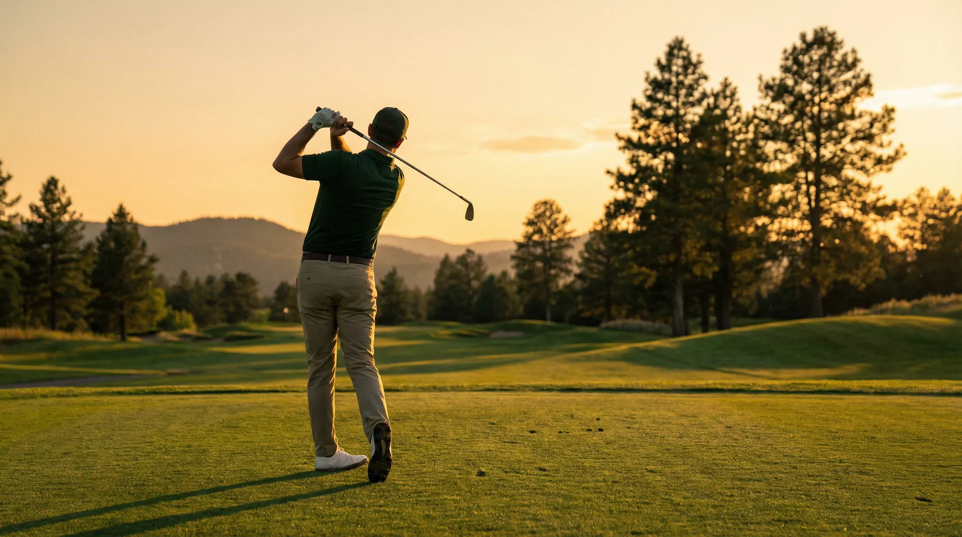 Golfer mid-swing at golden hour