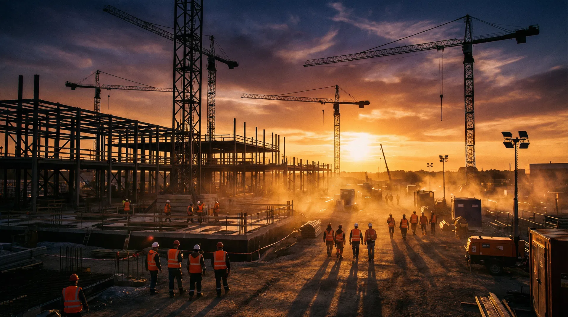 Construction site at sunset