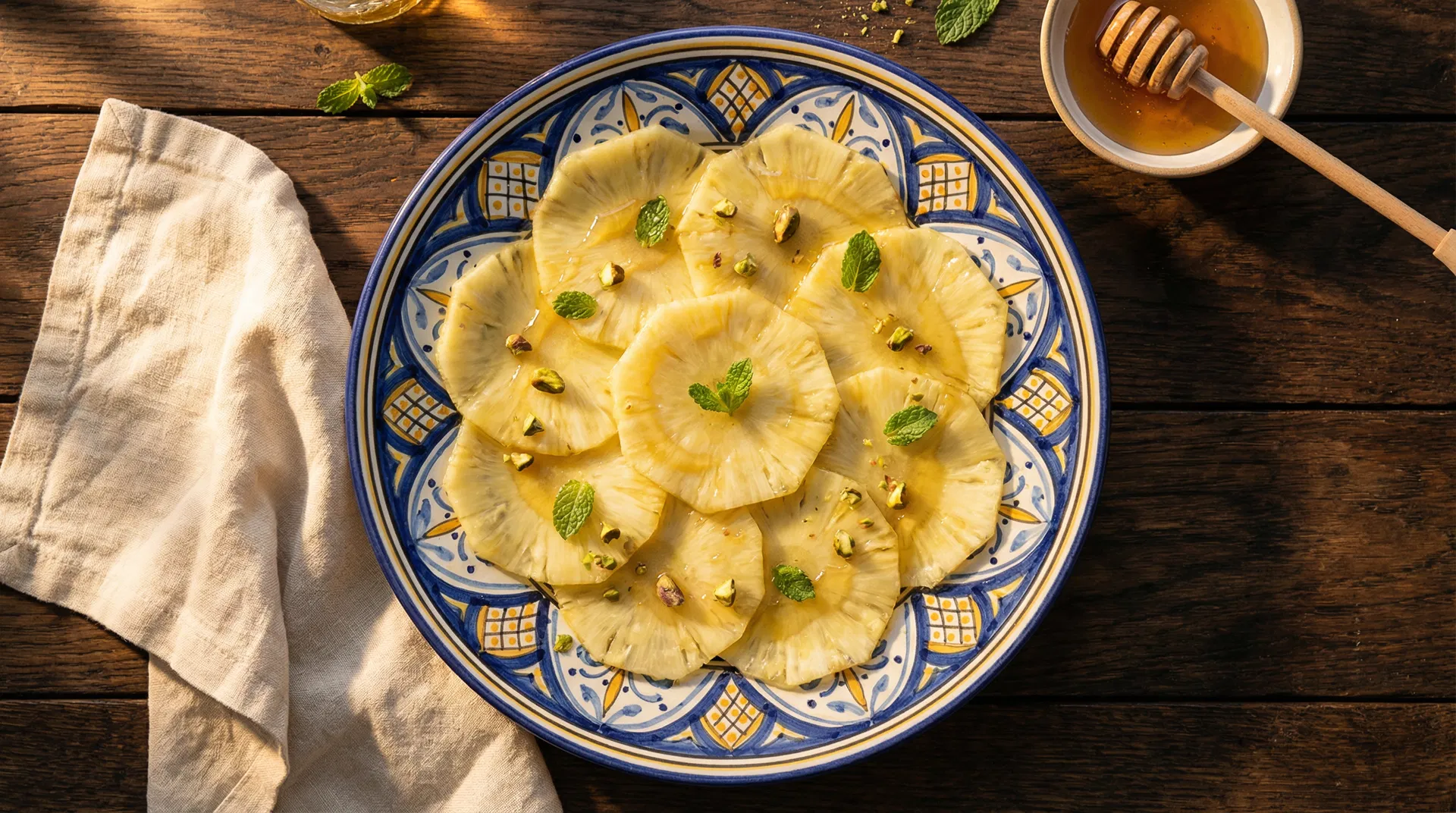 Carpaccio d'ananas con miele e pistacchi