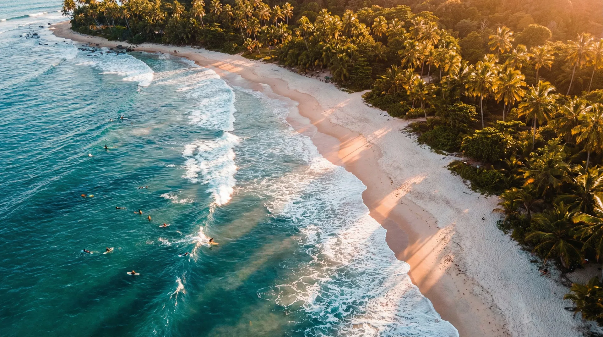 Aerial view of tropical beach in Bahia with surfers