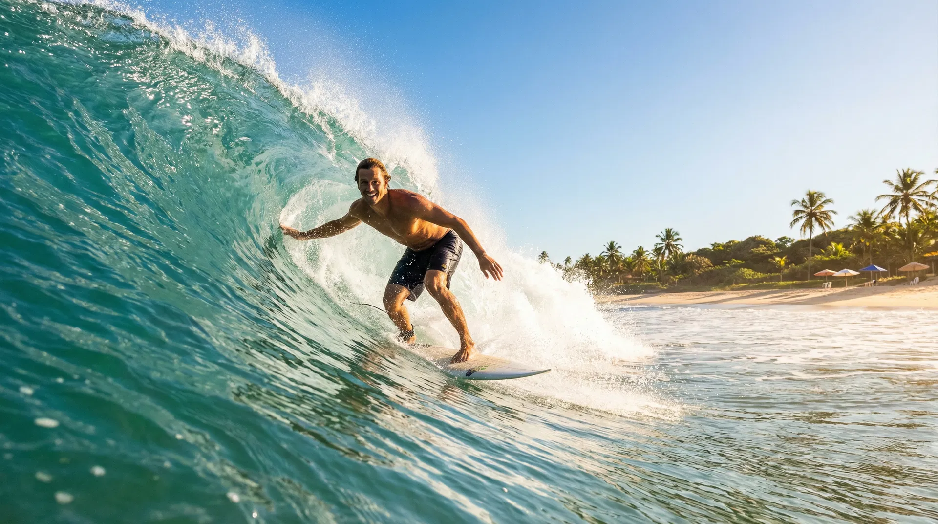 Surfer catching a wave in warm tropical water