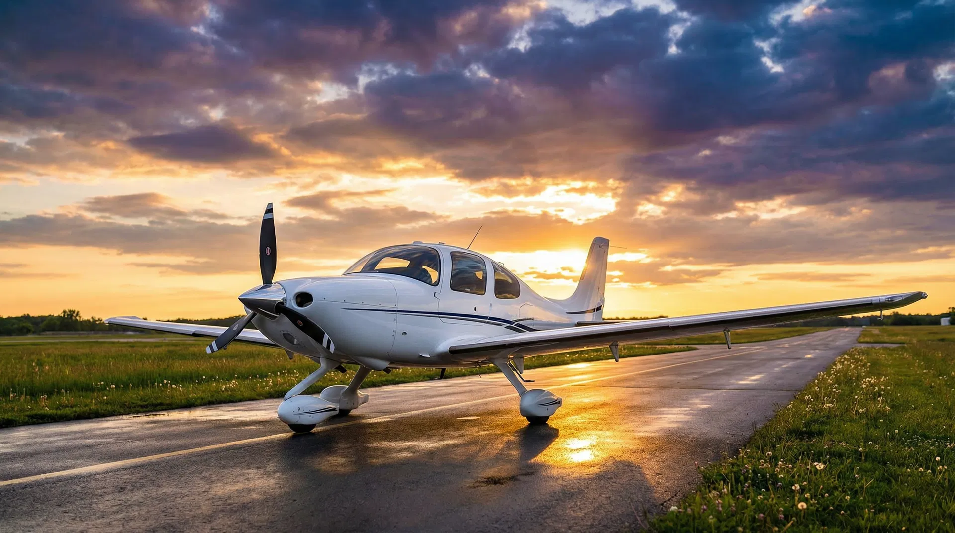 High-performance piston aircraft at golden hour