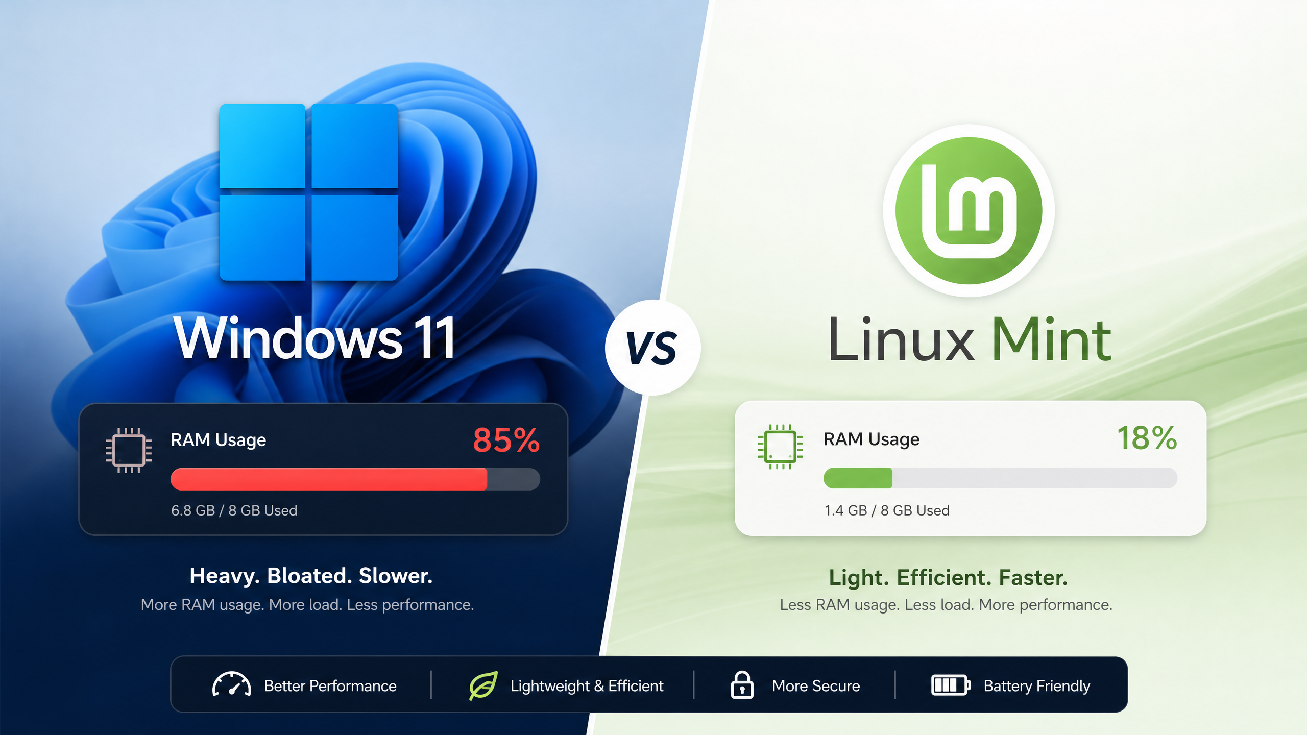 Windows 11 vs Linux Mint RAM Usage Comparison