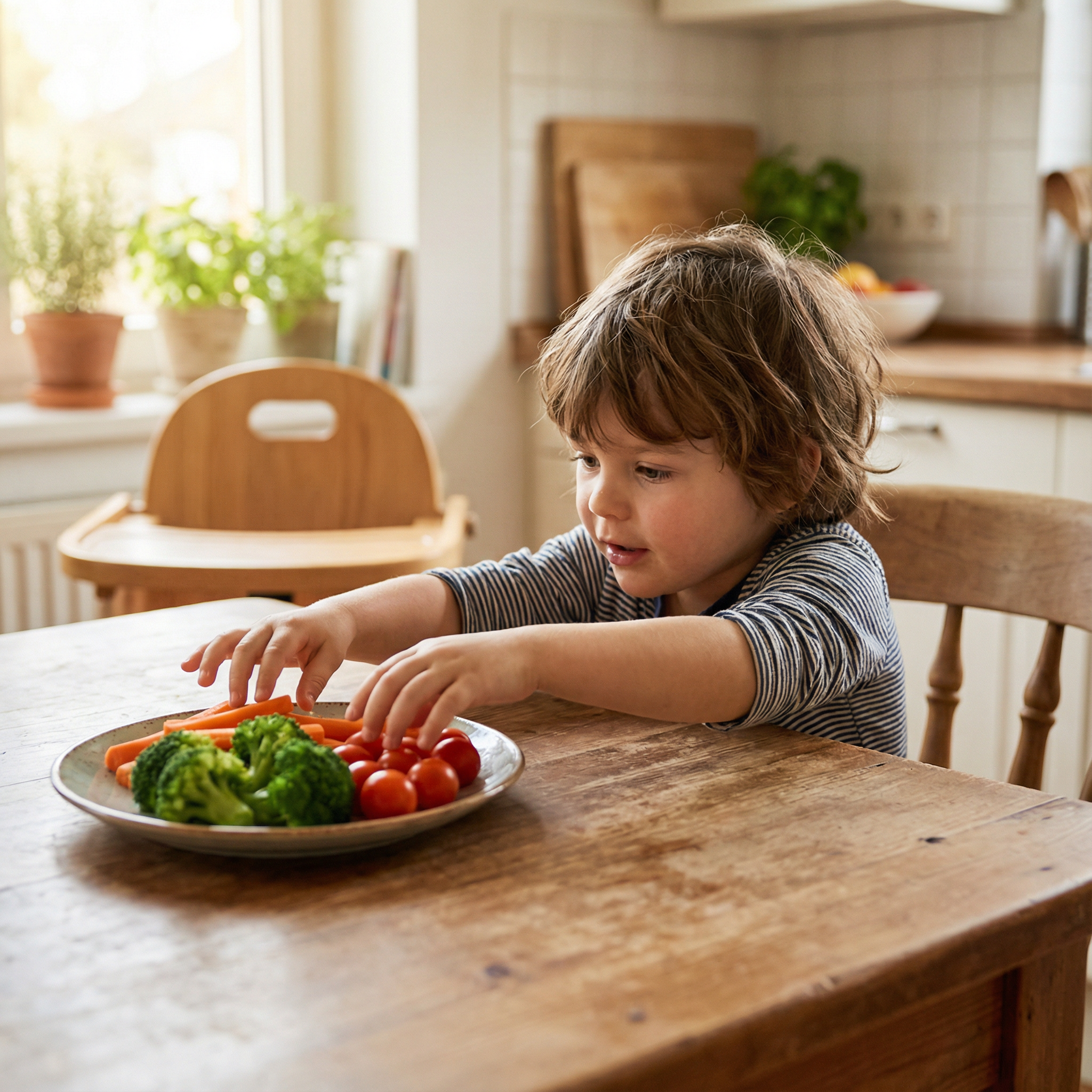 A young child reaching for a plate of colourful vegetables. ALT: A young child at a wooden dinner table reaches for a plate of fresh broccoli, carrots, and cherry tomatoes, illustrating healthy eating habits for kids.