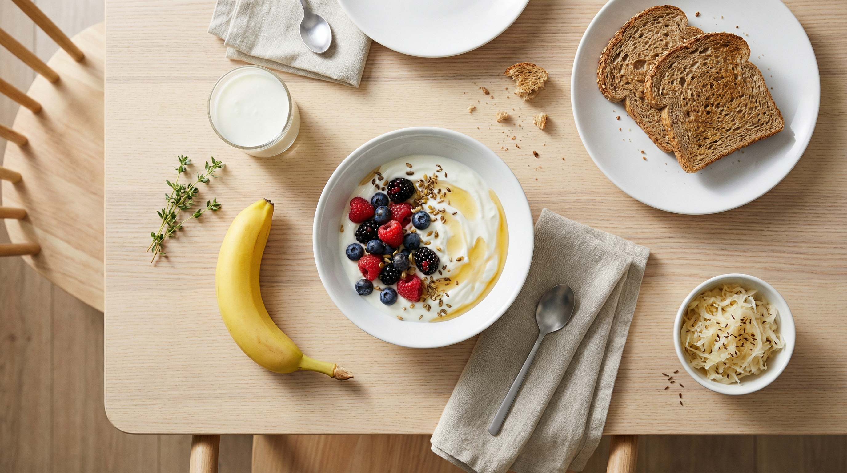 An overhead view of a healthy breakfast table with yogurt, berries, and whole grain toast. ALT: A healthy breakfast spread on a light wood table, including a bowl of yogurt with berries, whole grain toast, a banana, and a glass of kefir, representing probiotic-rich foods.
