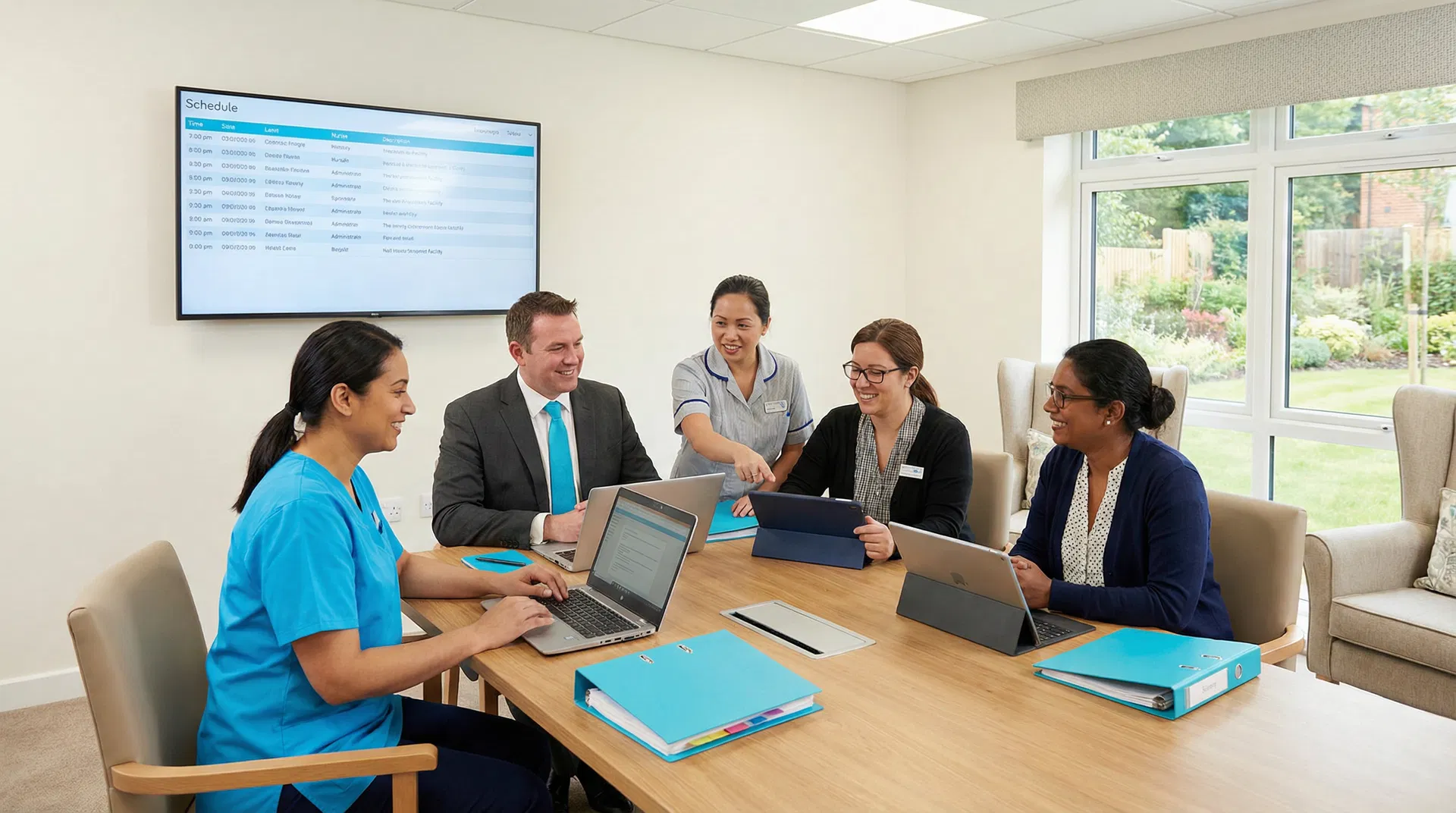 Healthcare team collaborating in long-term care facility