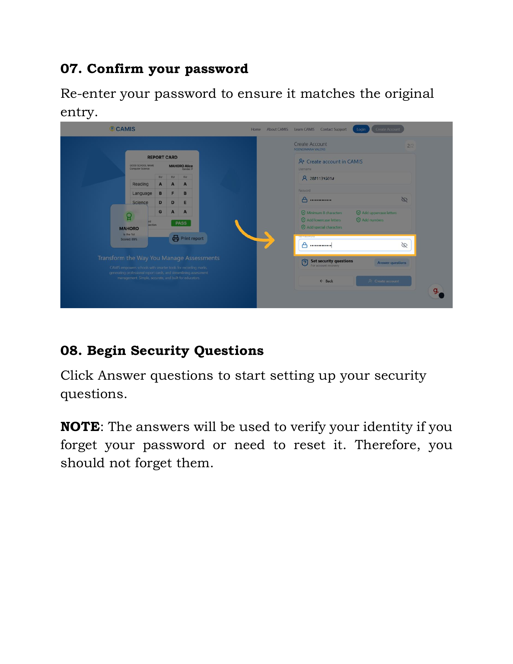 Confirm Password and Begin Security Questions