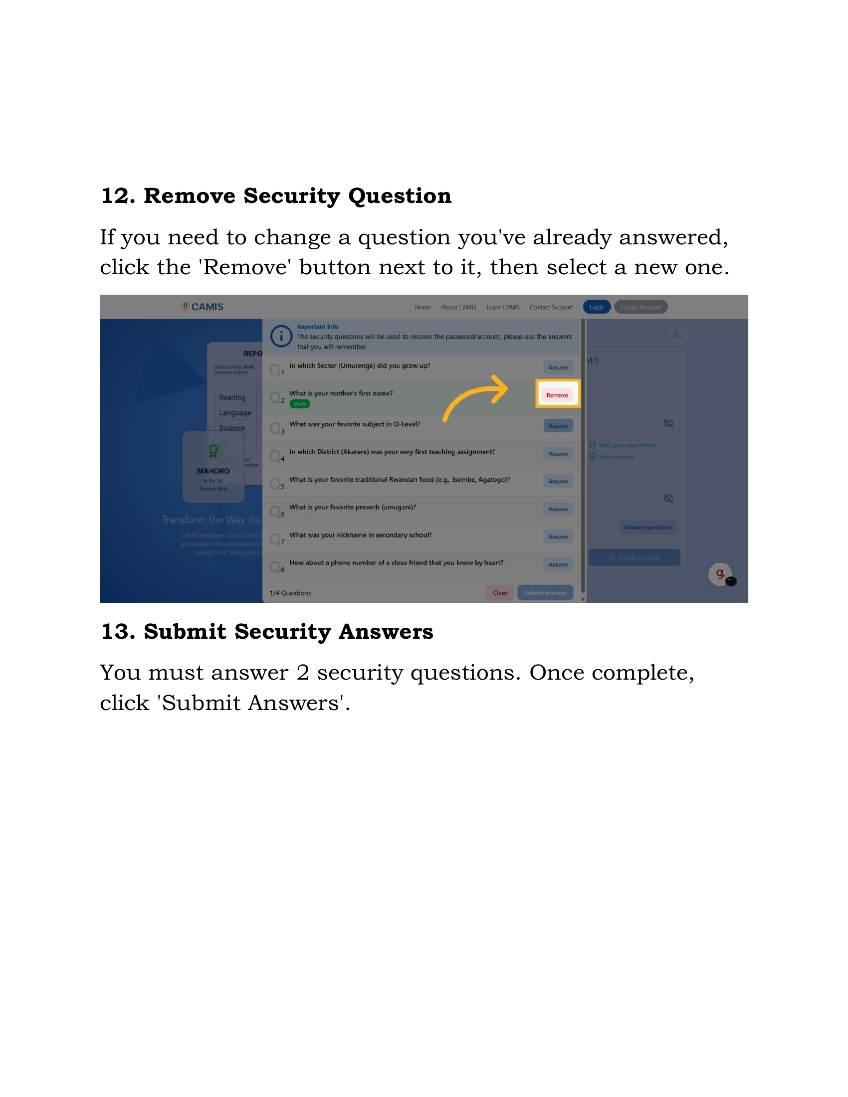 Remove and Submit Security Answers