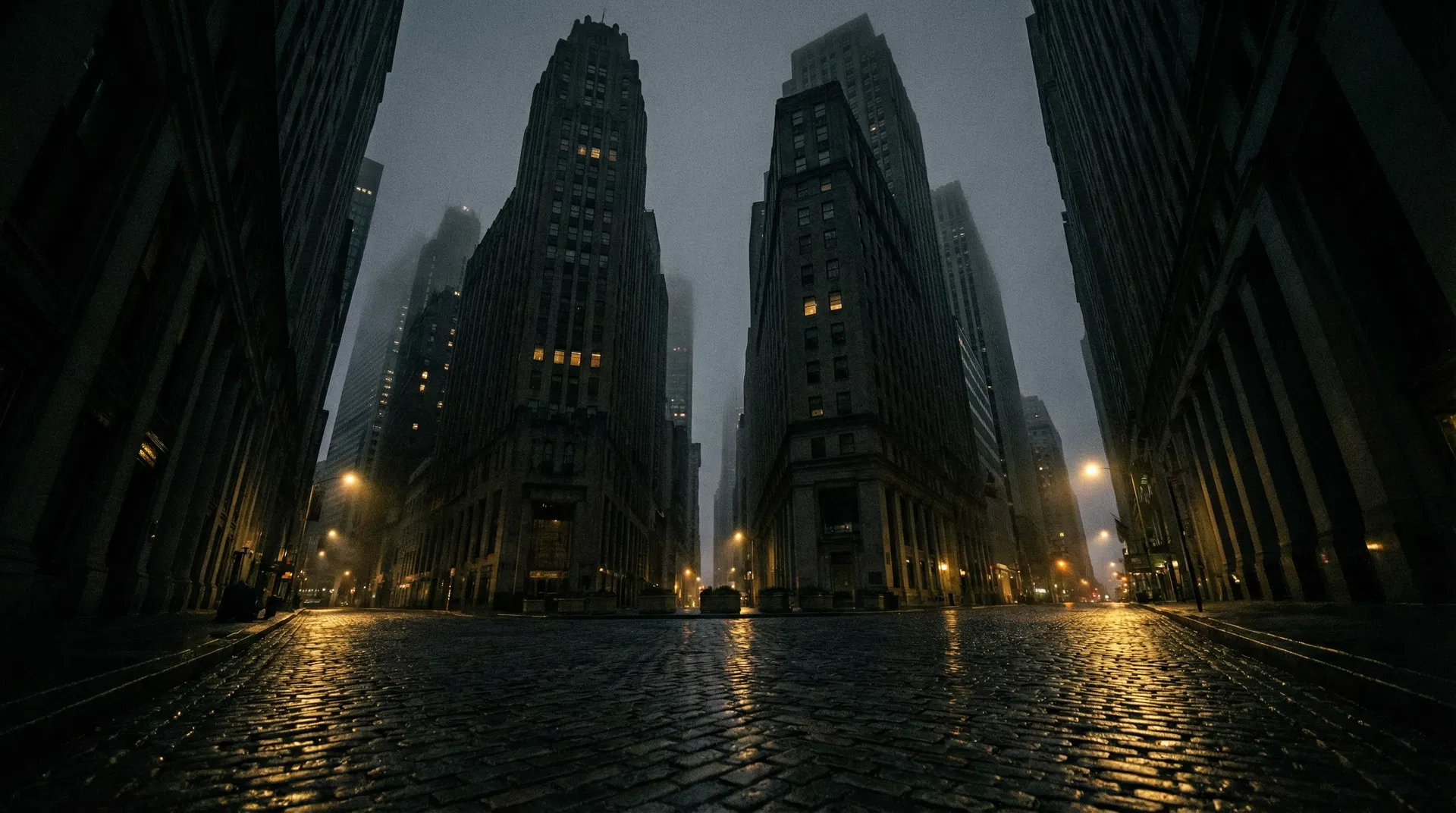 Dark moody cityscape at night with financial district skyscrapers