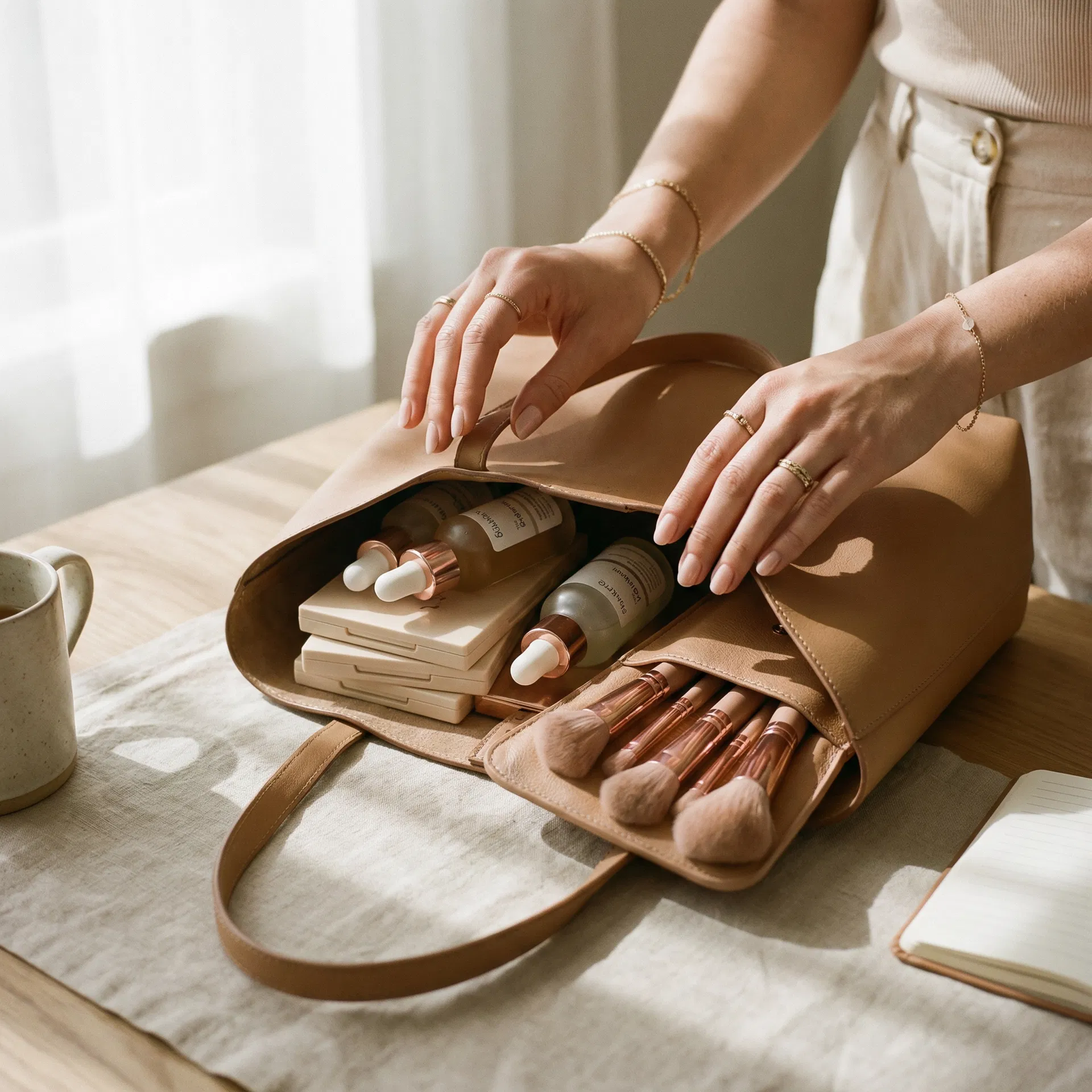 Profesional organizando su kit de belleza