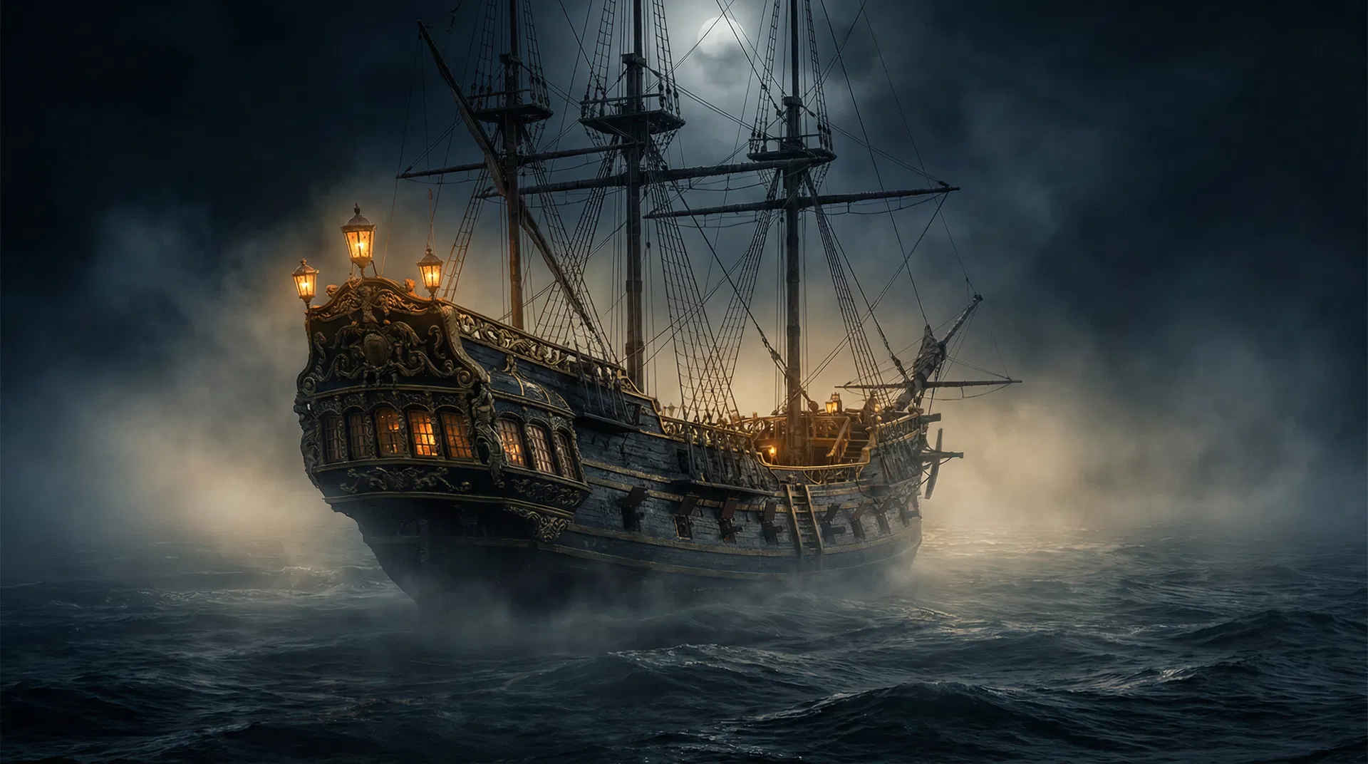 Black Pearl ship emerging from fog