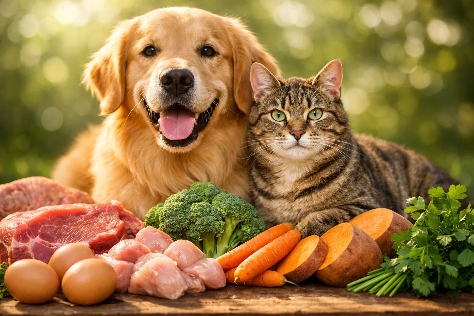 Cão e gato saudáveis com alimentos frescos