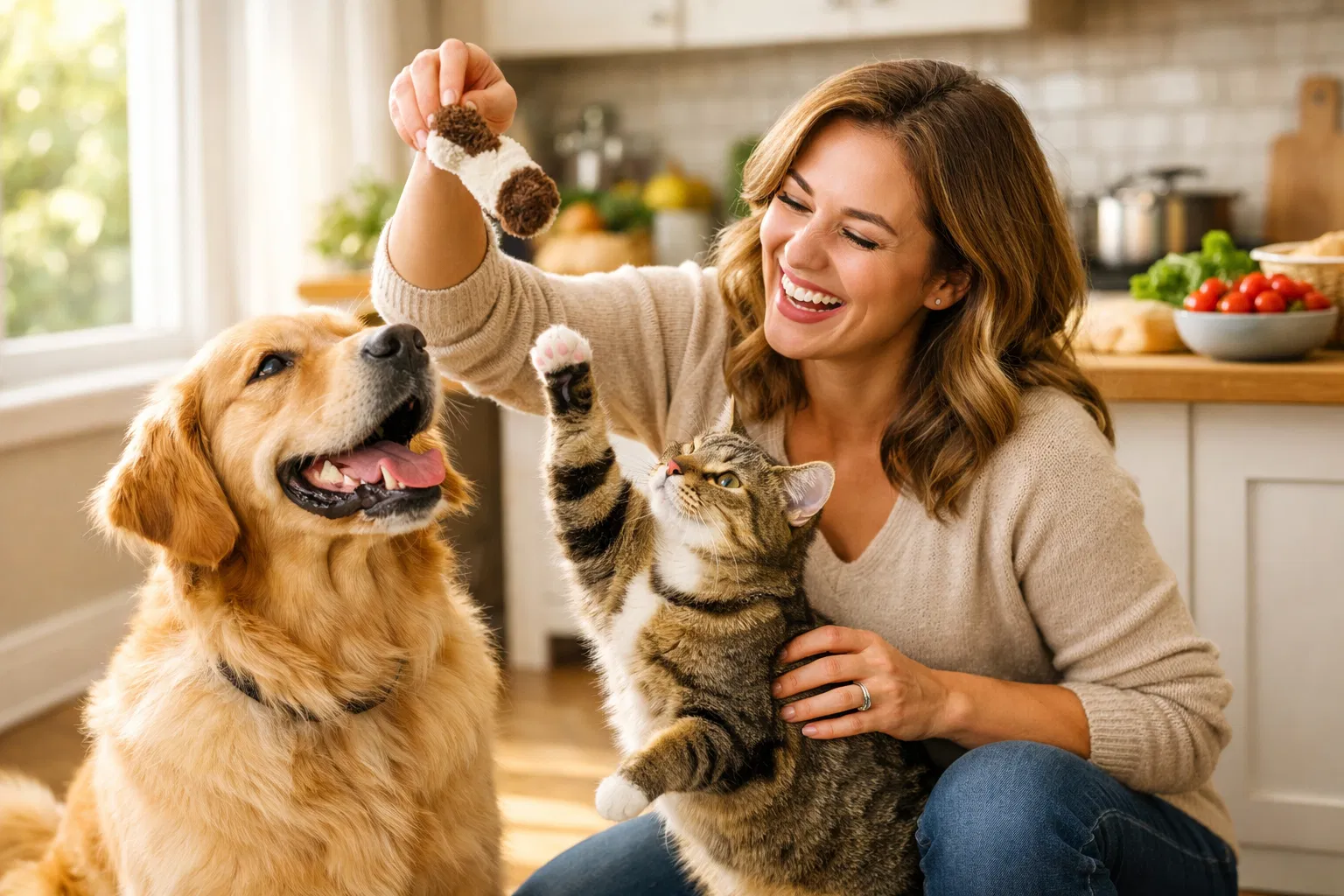 Família feliz com pets saudáveis