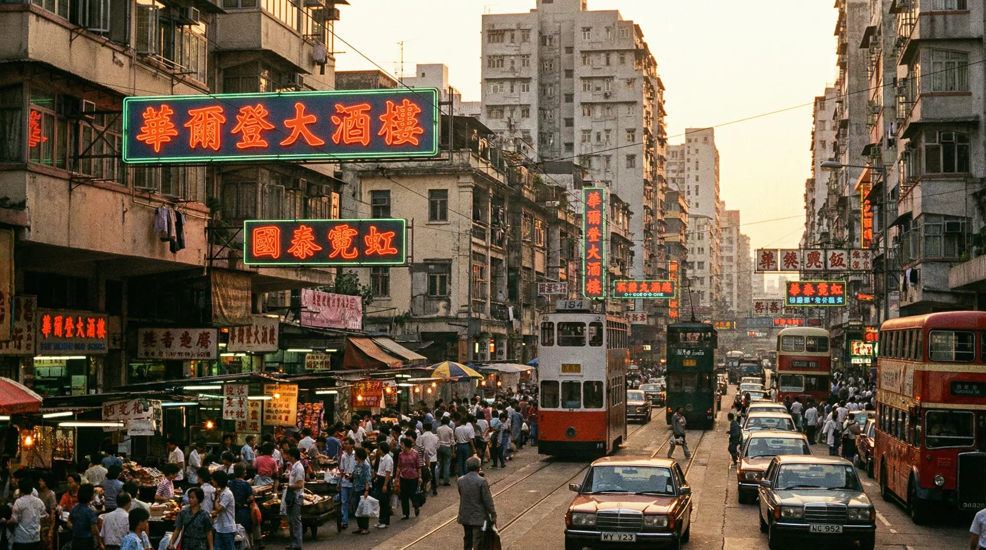 1980s Hong Kong street scene with neon signs and bustling markets
