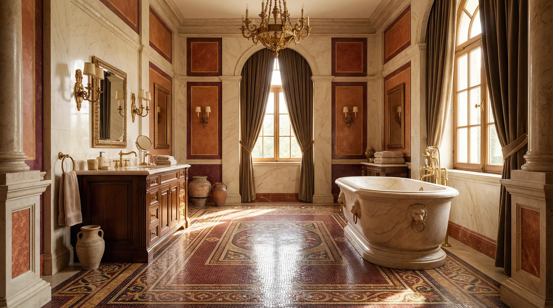 Luxuriöses antikes Mosaik-Badezimmer mit rotem Natursteinboden