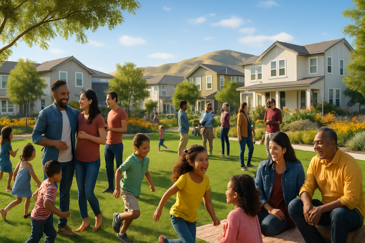 Diverse families and neighbors gathering in a sunny California suburban park with children playing, adults chatting, and modern homes with rolling hills in the background