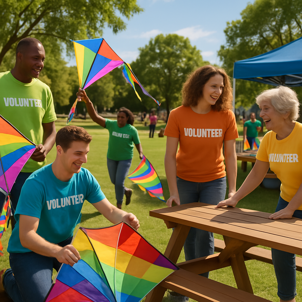 Volunteers in colorful t-shirts setting up kites and activity stations for a community festival in a park setting with families arriving in the background
