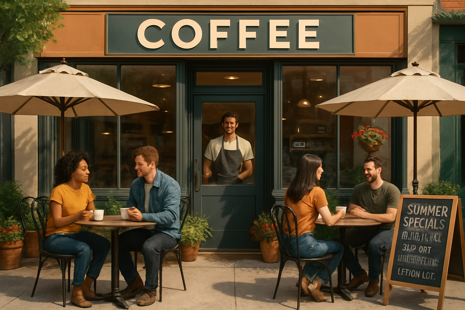 Charming coffee shop storefront with outdoor seating, customers enjoying coffee at tables under umbrellas, and a friendly barista visible through large windows
