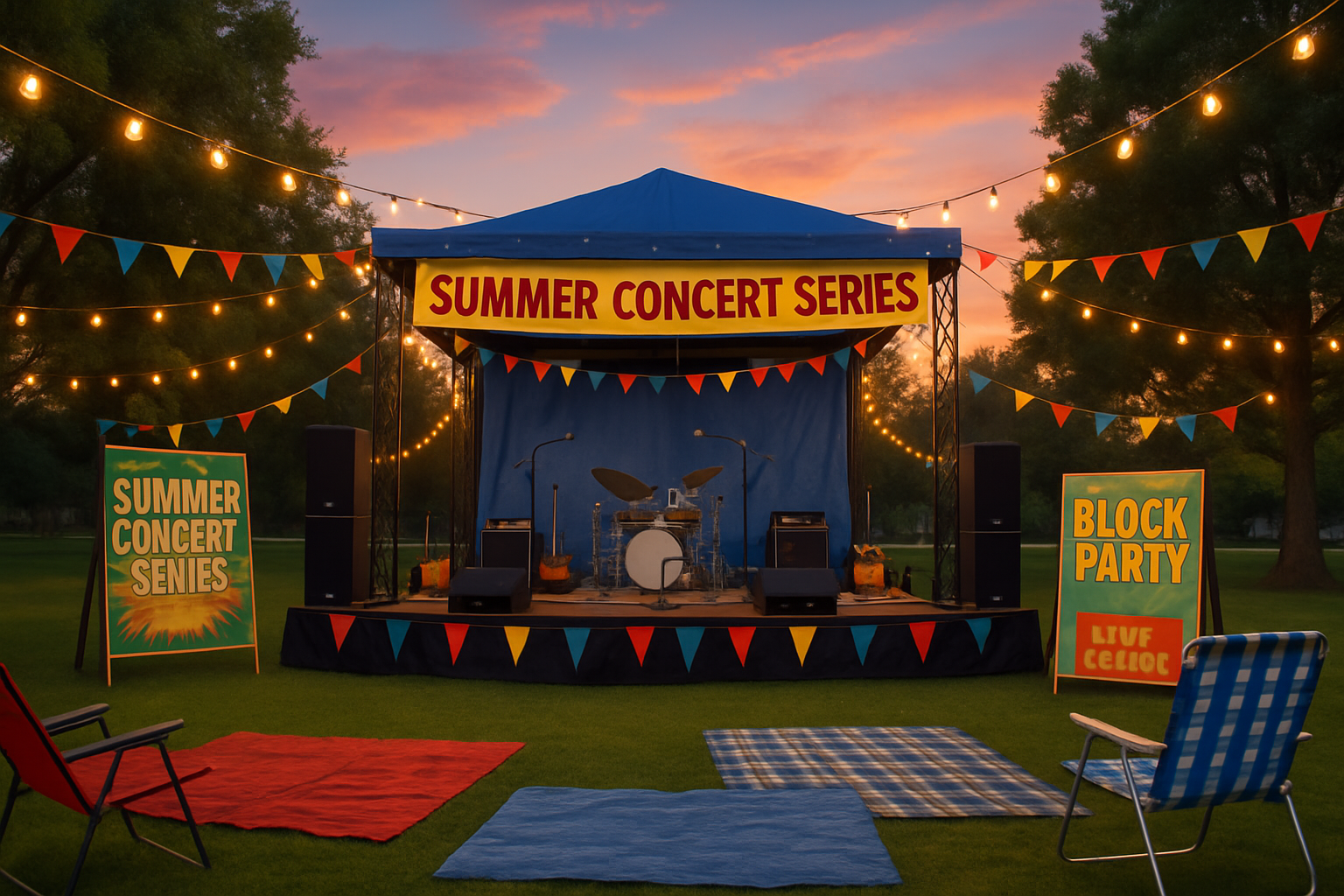 Outdoor concert stage setup with colorful banners, string lights, picnic blankets, and event signage advertising Summer Concert Series and Block Party