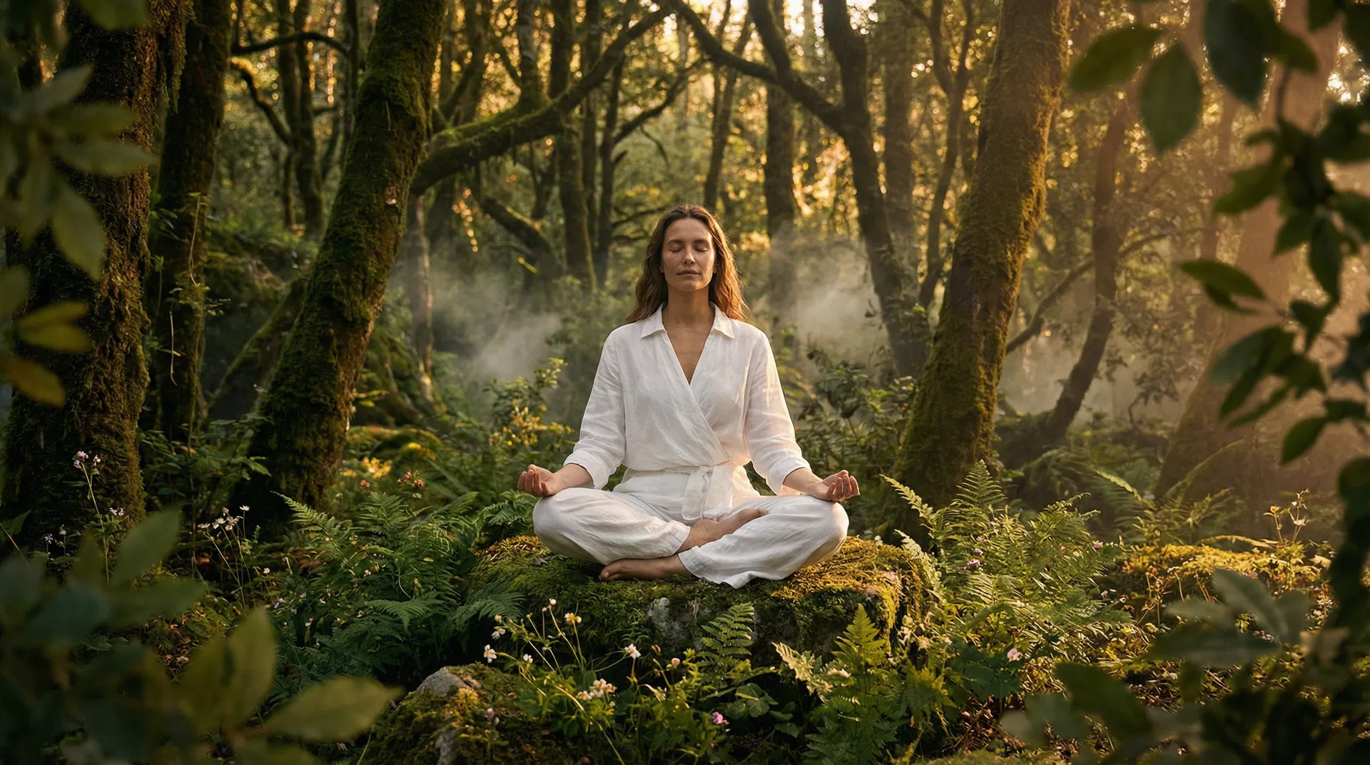 Woman meditating in forest