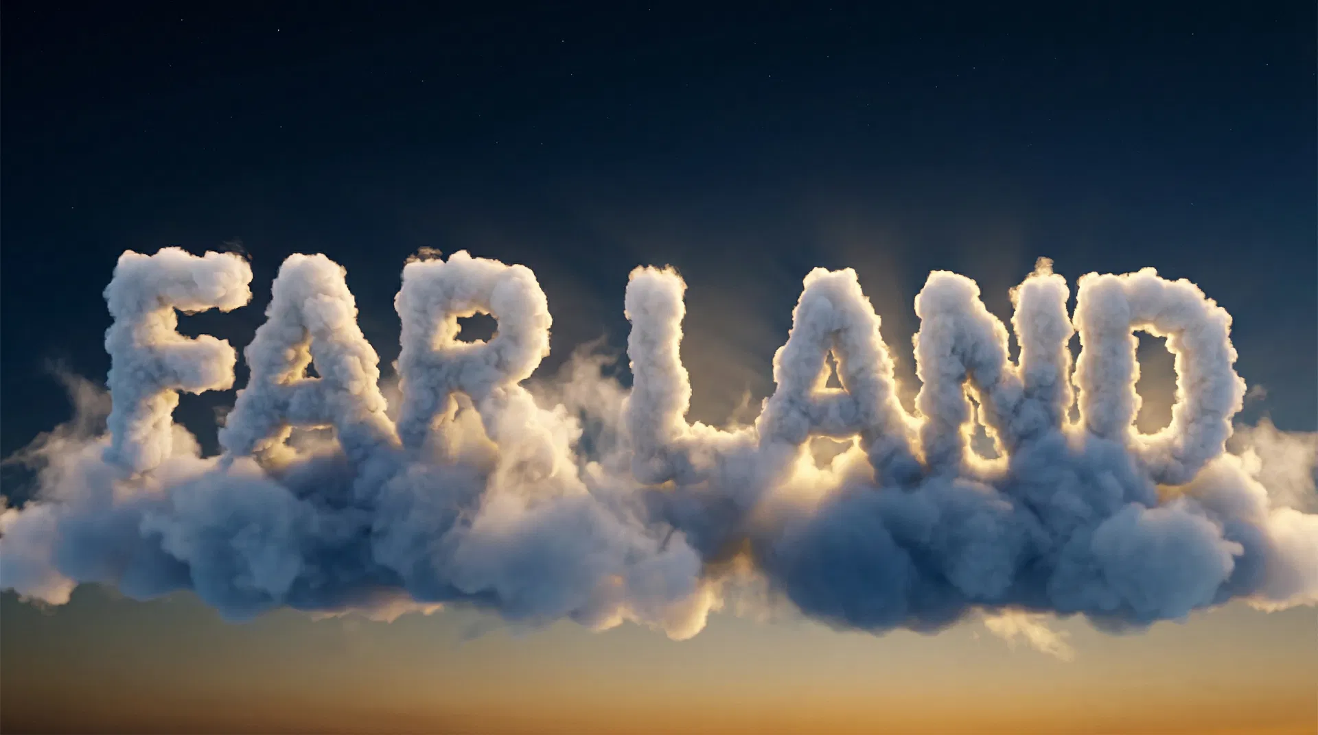Far Land — written in massive fluffy clouds against a twilight sky