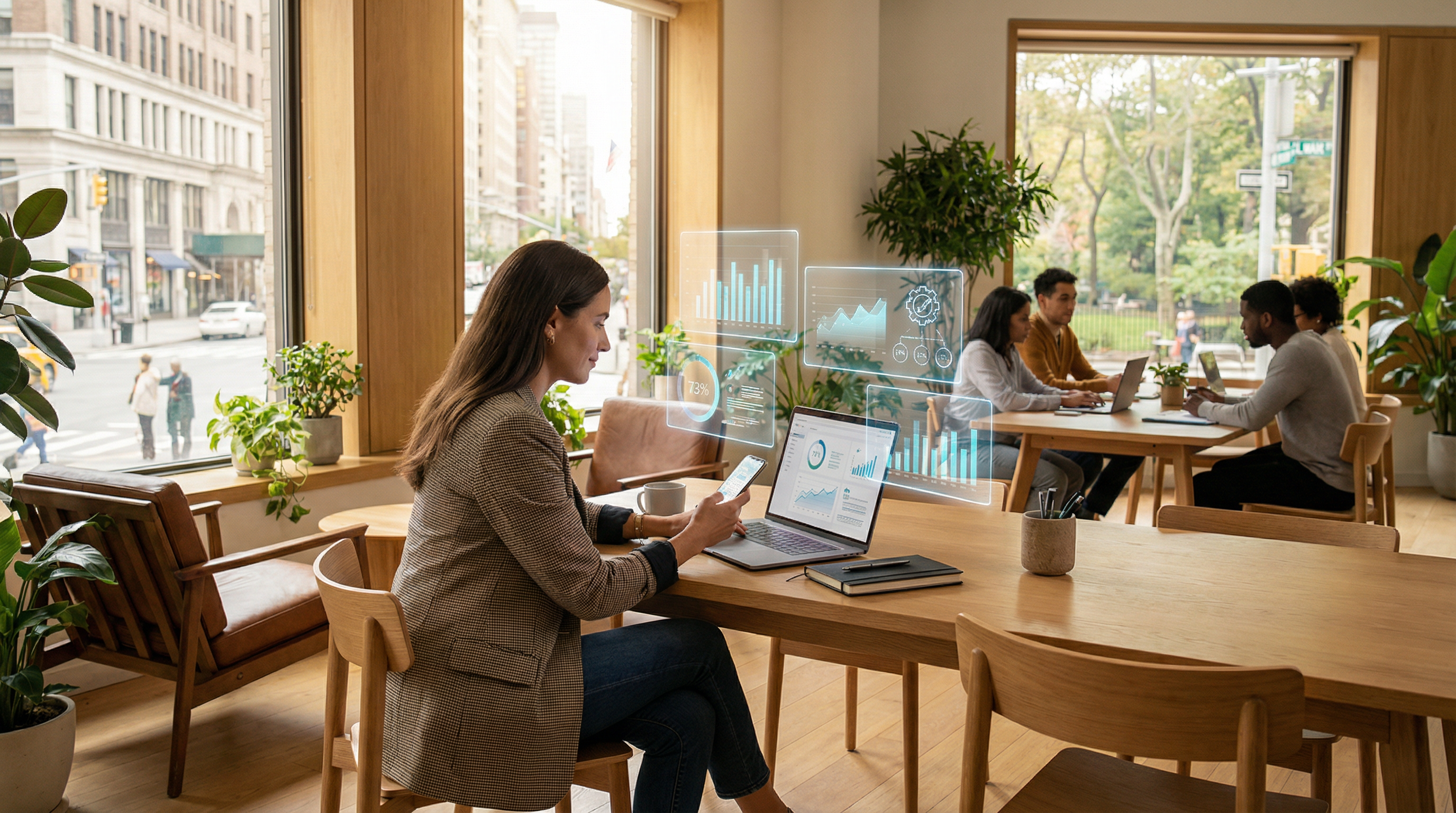 A professional business owner in a modern office using AI technology on her laptop and smartphone, with holographic AI interface elements showing data analytics and automation workflows. A professional business owner in a modern office using AI technology on her laptop and smartphone, with holographic AI interface elements showing data analytics and automation workflows.