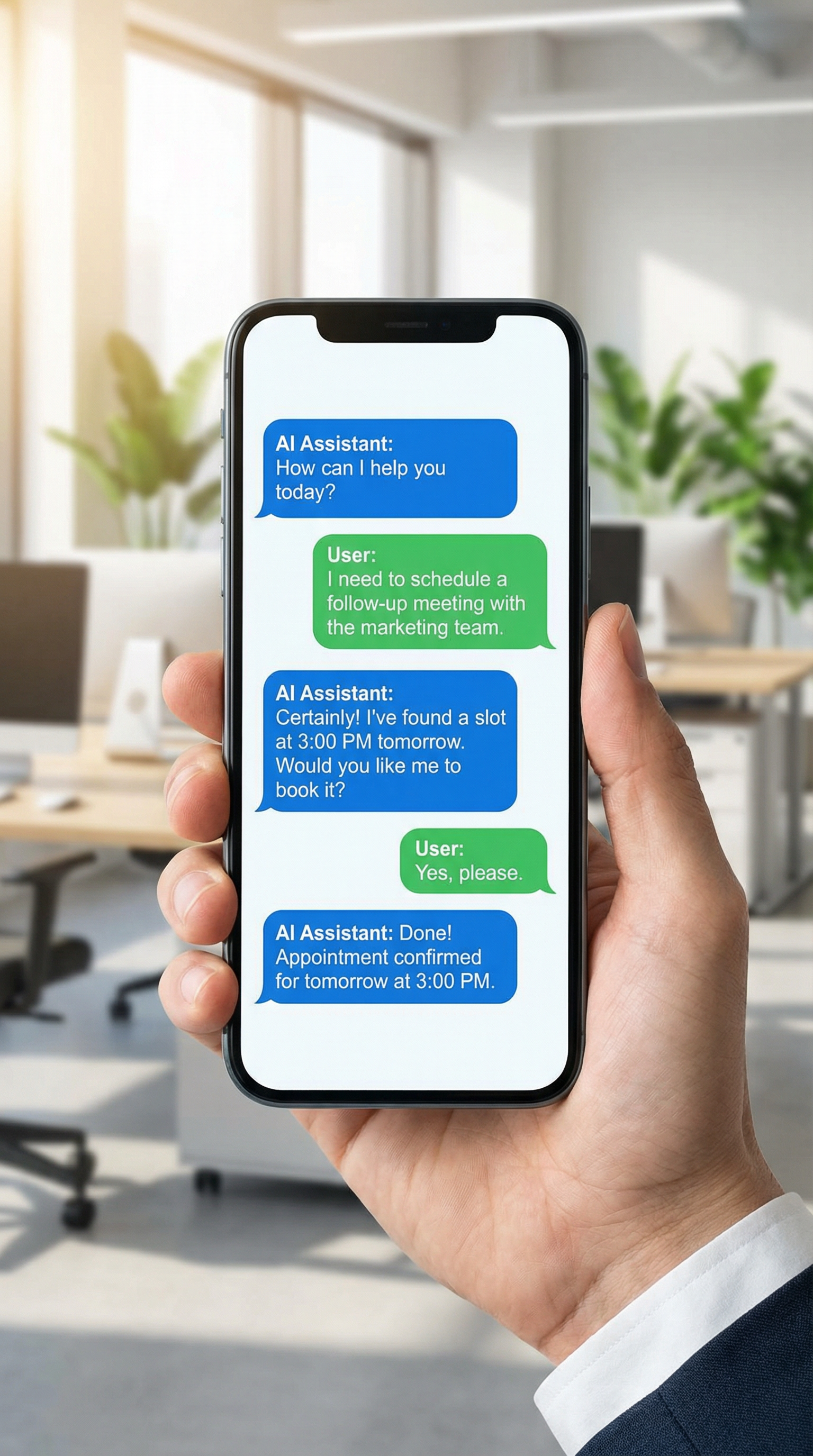 A friendly AI chatbot conversation on a smartphone, showing helpful responses and booking an appointment. A friendly AI chatbot conversation on a smartphone, showing helpful responses and booking an appointment.